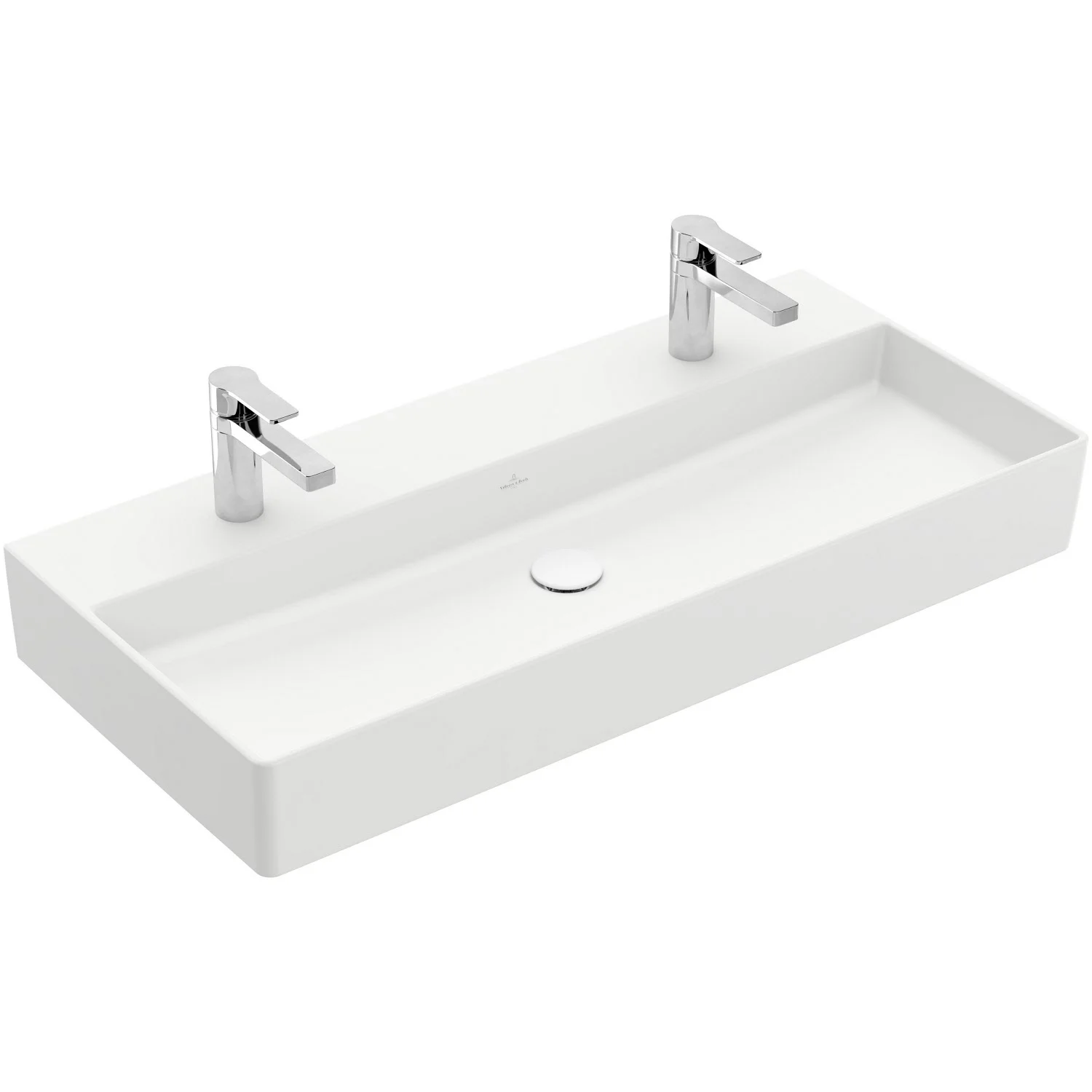 Biała umywalka z przodu z dwoma kranami, Villeroy & Boch