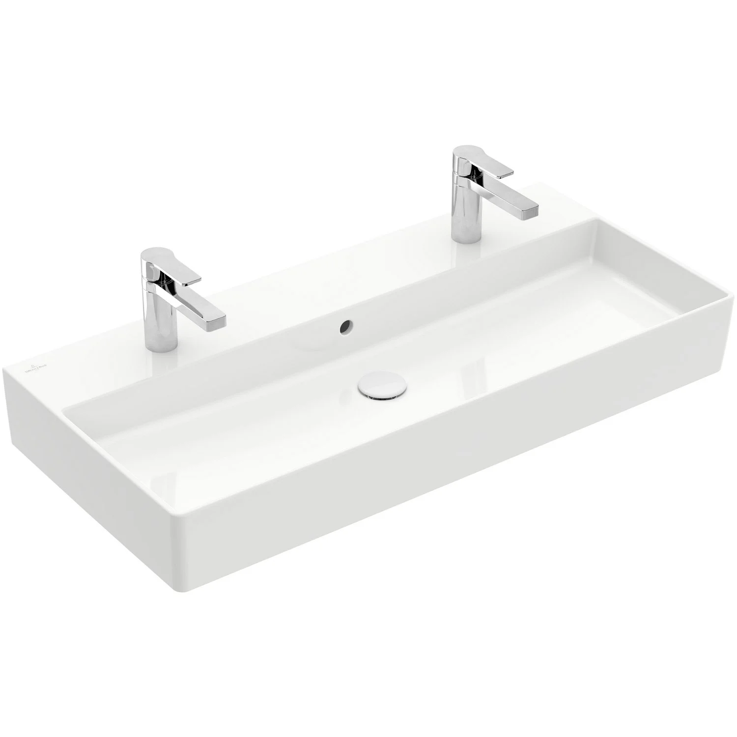 Biała umywalka z dwoma kranami, widok z boku, Villeroy & Boch