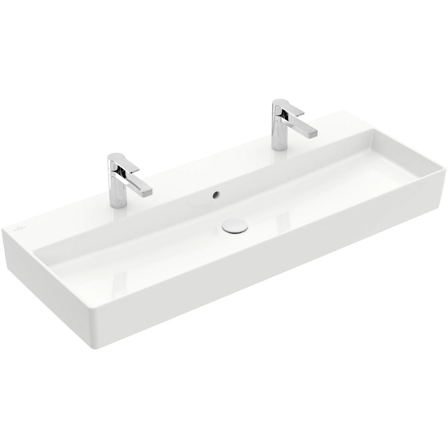 Biała podwójna umywalka z bateriami w widoku bocznym, Villeroy & Boch