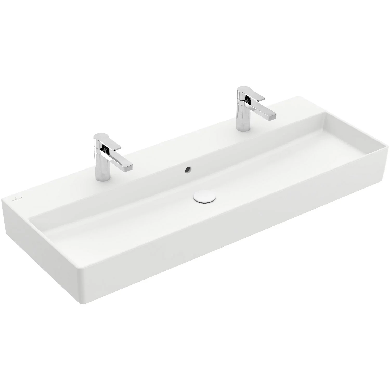 Biała podwójna umywalka z bateriami w widoku bocznym, Villeroy & Boch