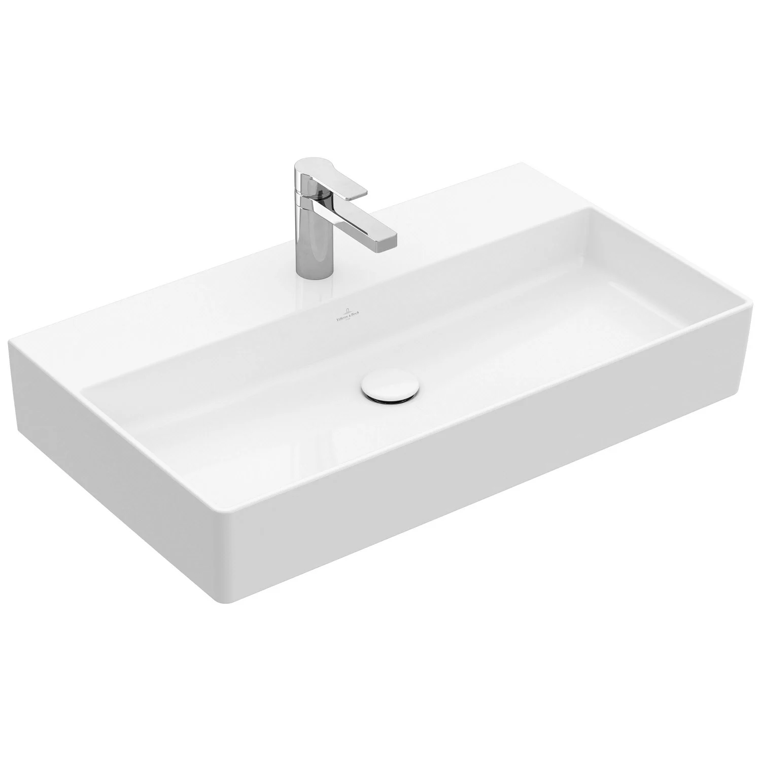 Biała prostokątna umywalka z baterią widok z boku, Villeroy & Boch