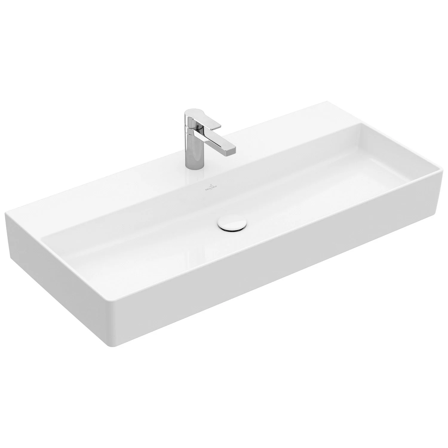 Biała prostokątna umywalka z baterią widok z przodu, Villeroy & Boch