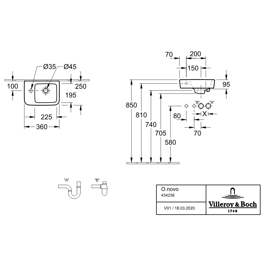 Rysunek techniczny umywalki z wymiarami, Villeroy & Boch