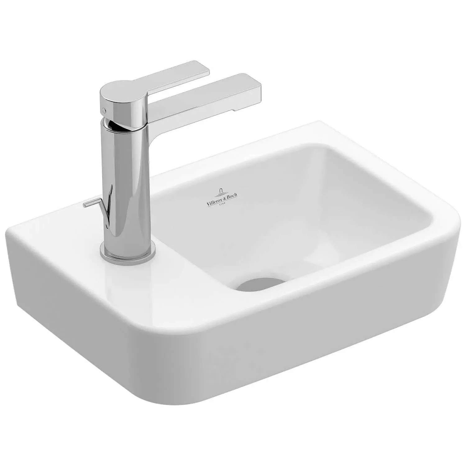 Biała umywalka z baterią w widoku bocznym, Villeroy & Boch