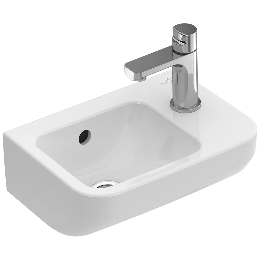 Biała umywalka z baterią w widoku bocznym, Villeroy & Boch