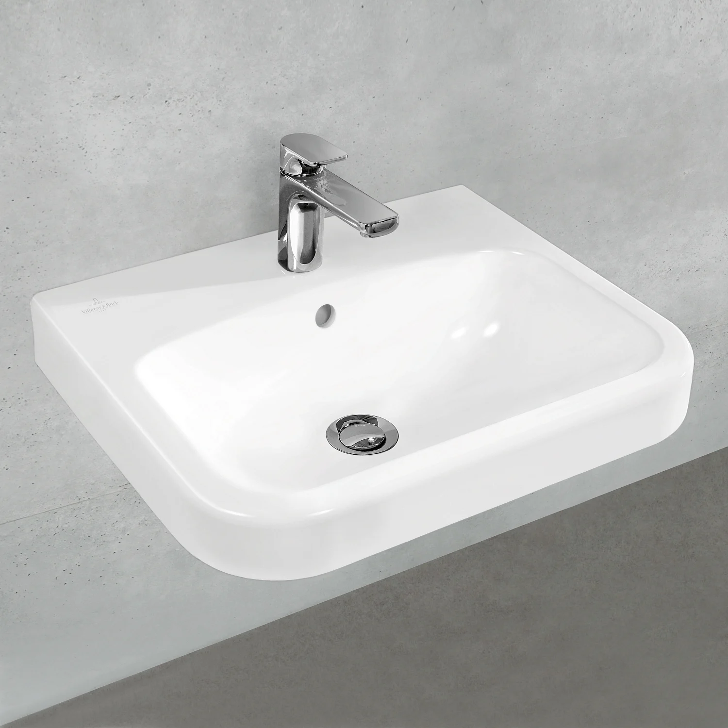 Biała umywalka z baterią w zbliżeniu, Villeroy & Boch