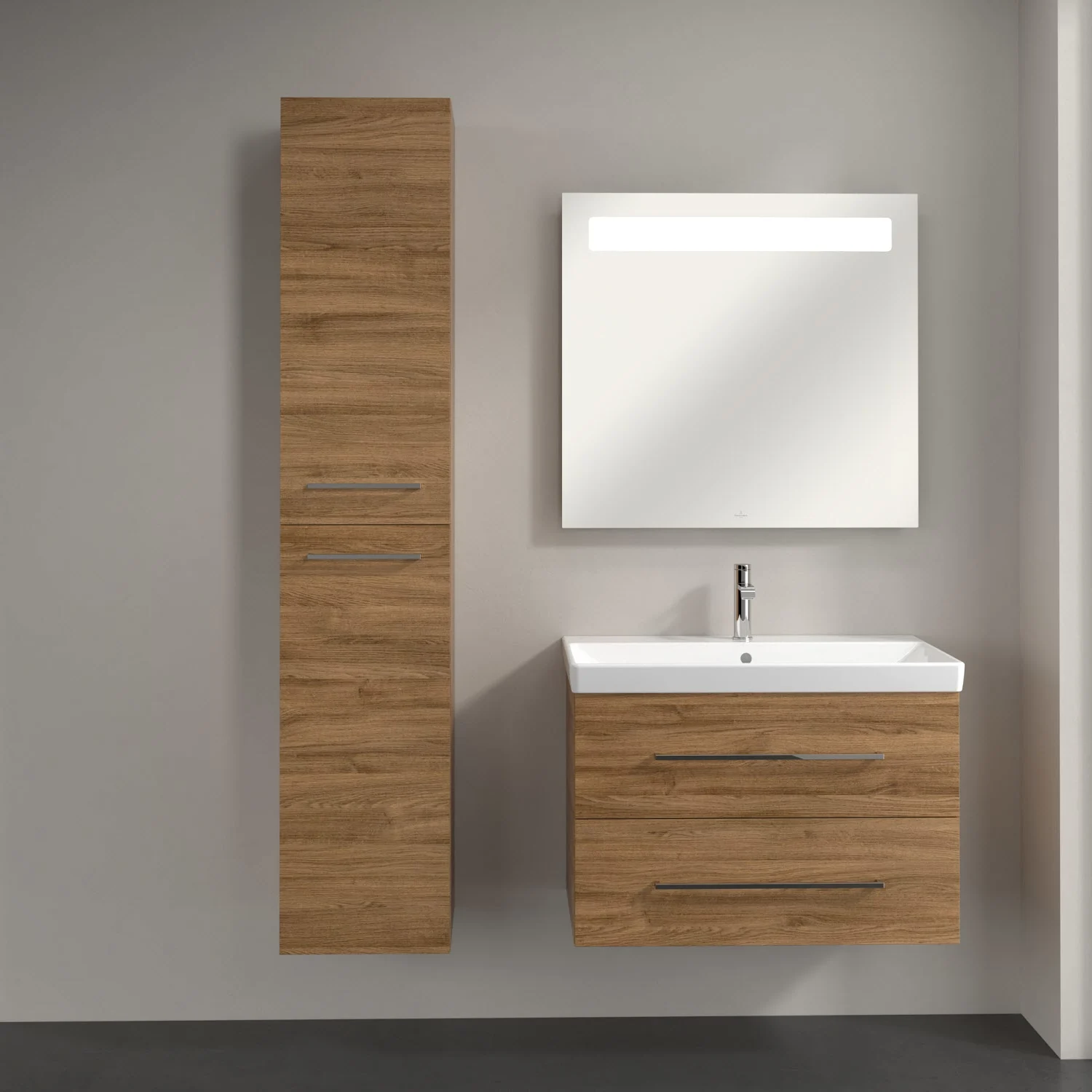 Dębowy zestaw mebli łazienkowych z lustrem i umywalką, Villeroy & Boch