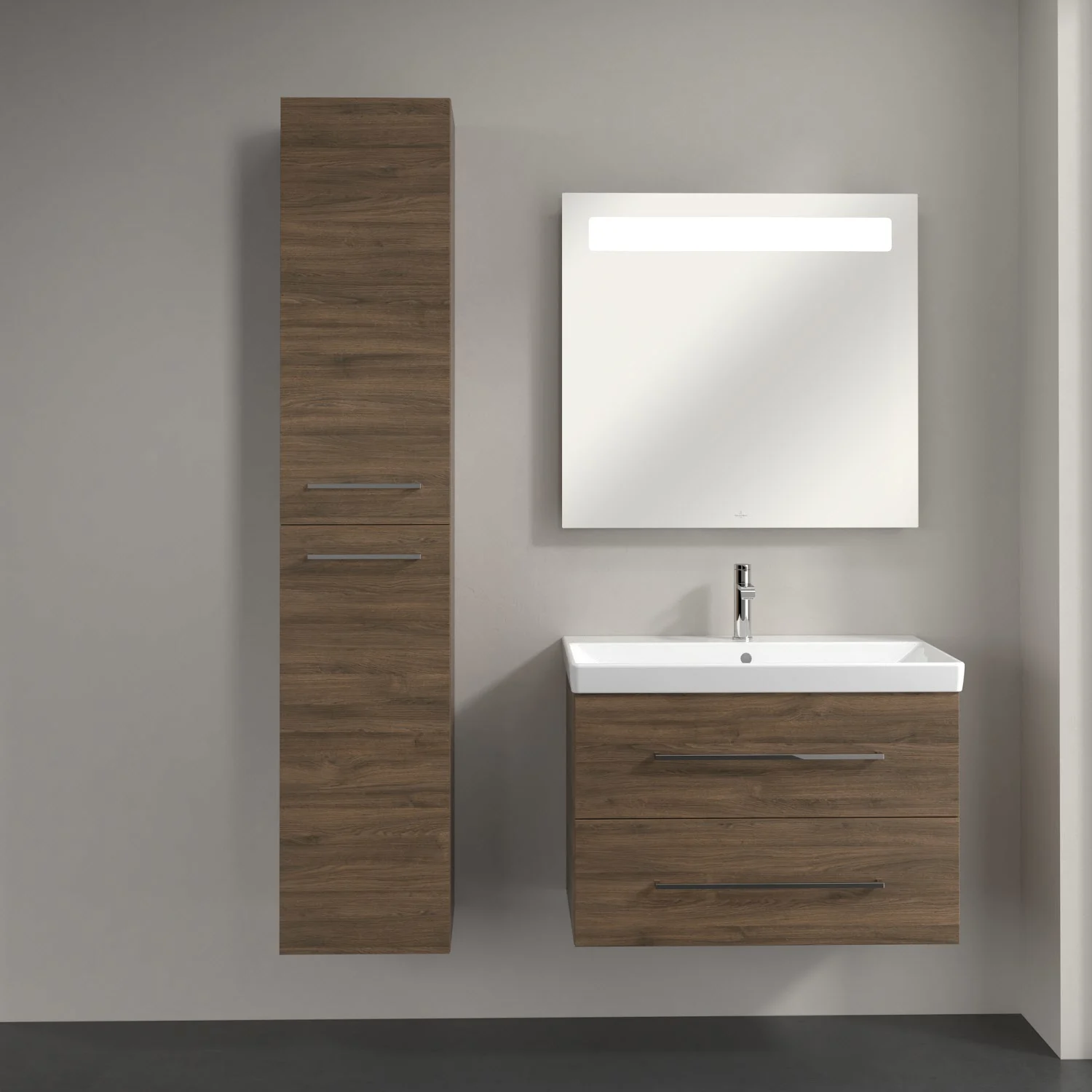 Orzechowy zestaw mebli łazienkowych z lustrem i umywalką, Villeroy & Boch