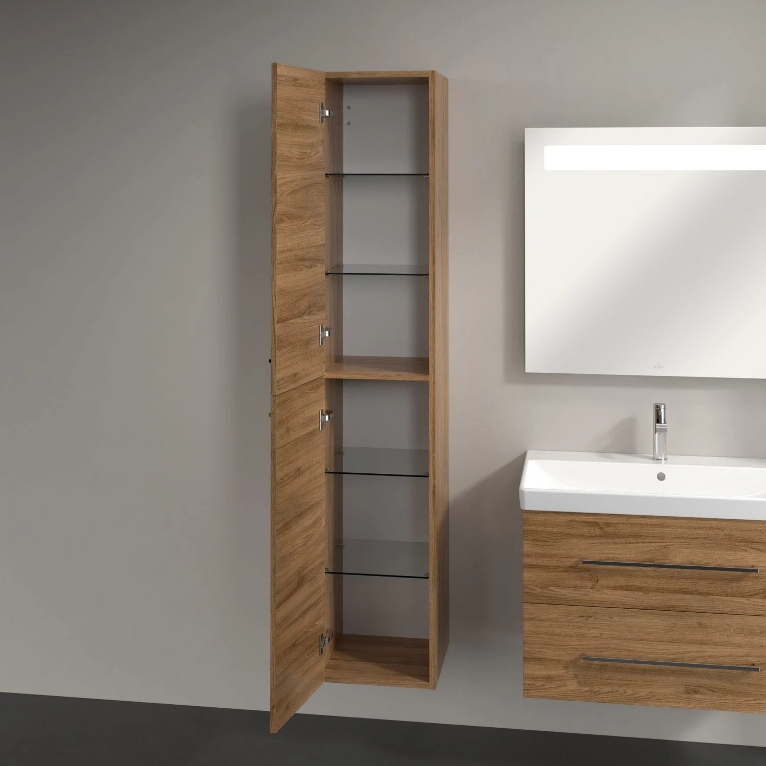 Meble łazienkowe z otwartą wysoką szafką w drewnianym wyglądzie, Villeroy & Boch