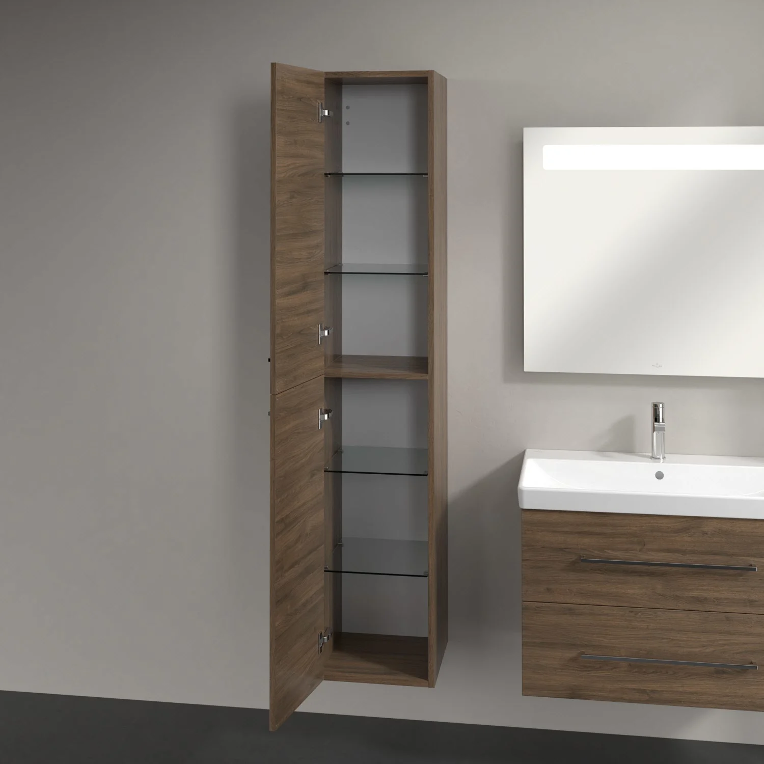 Otwarta wysoka szafka w łazience z lustrem, Villeroy & Boch
