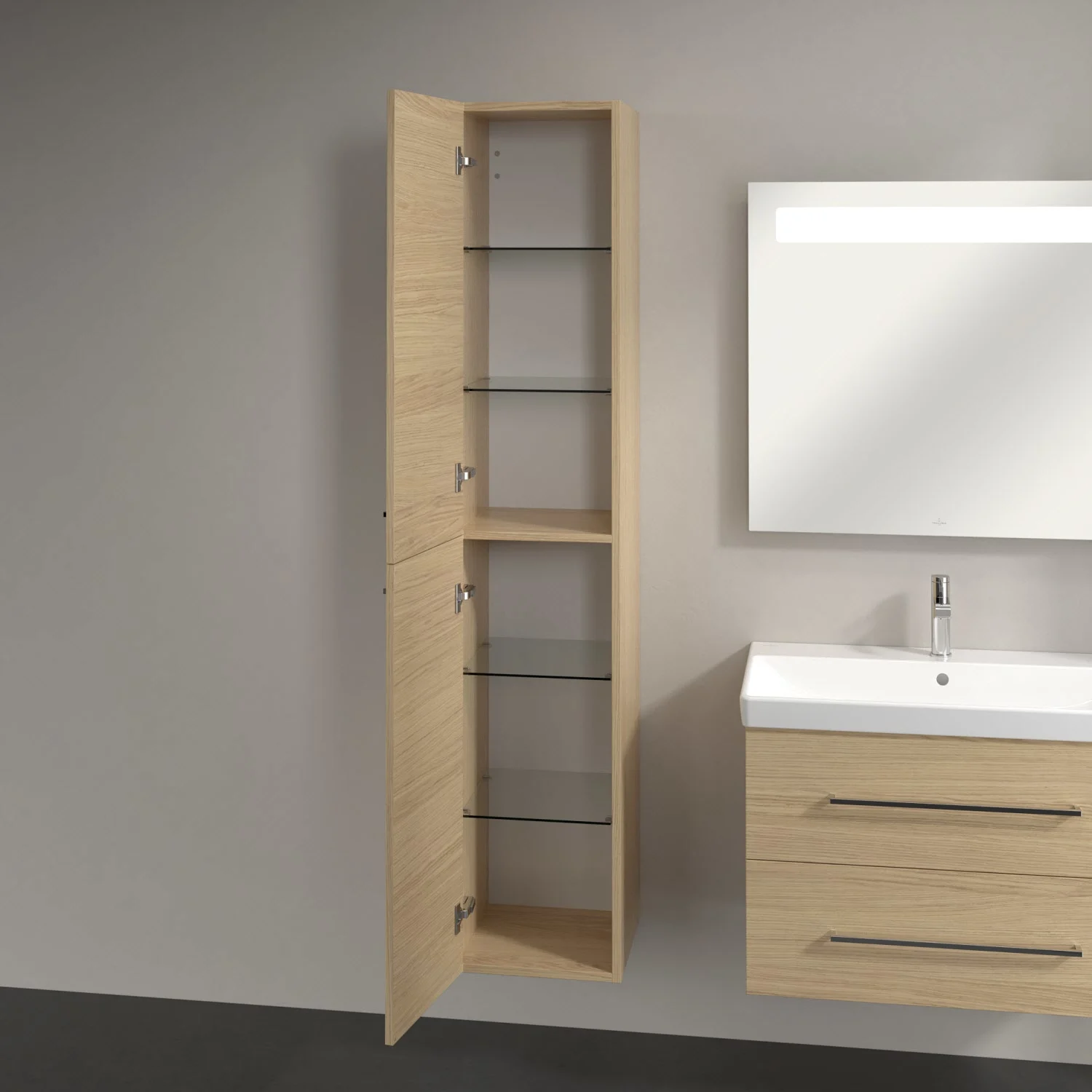 Otwarta wysoka szafka w łazience z lustrem, Villeroy & Boch