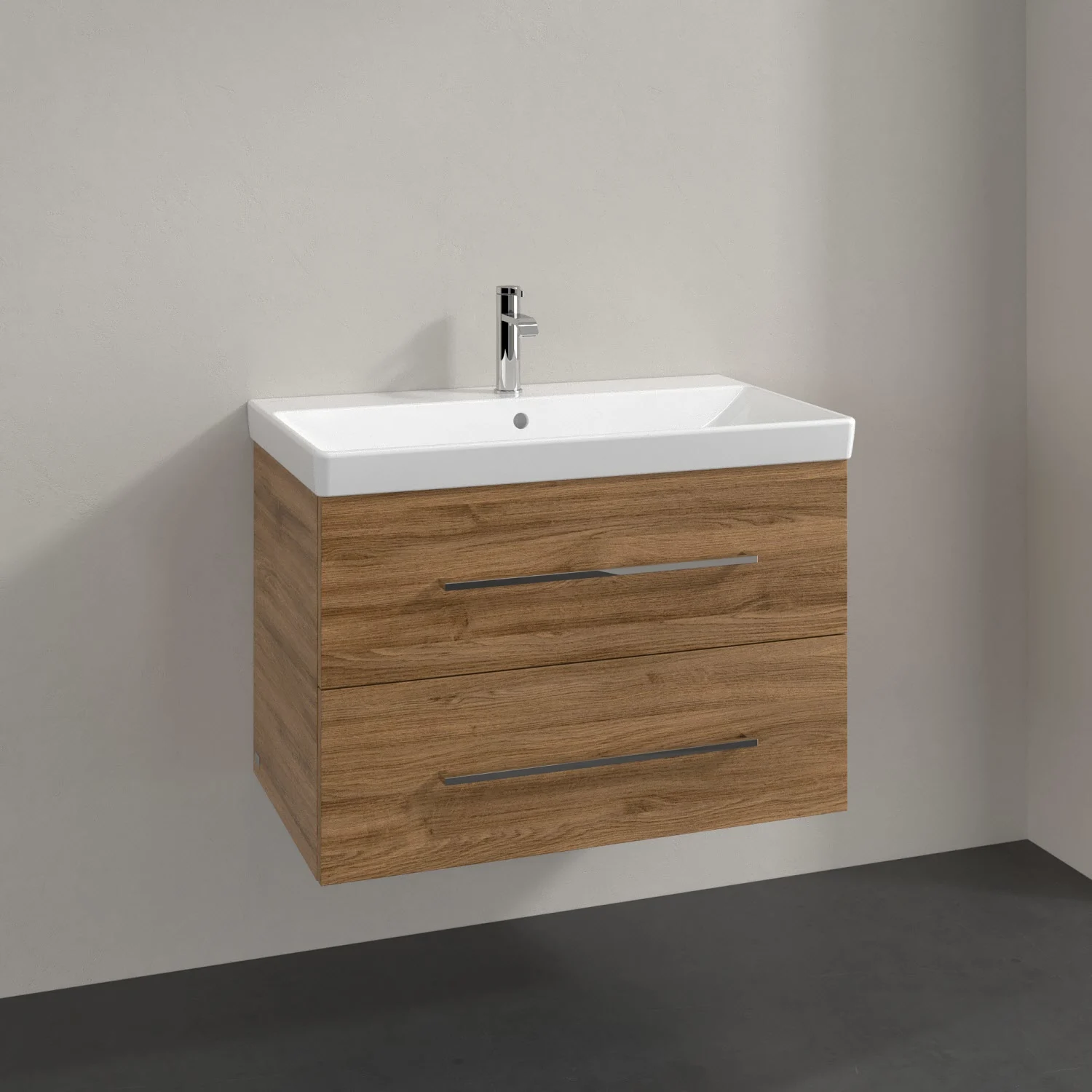 Ciemna drewniana szafka pod umywalkę z umywalką w zbliżeniu, Villeroy & Boch