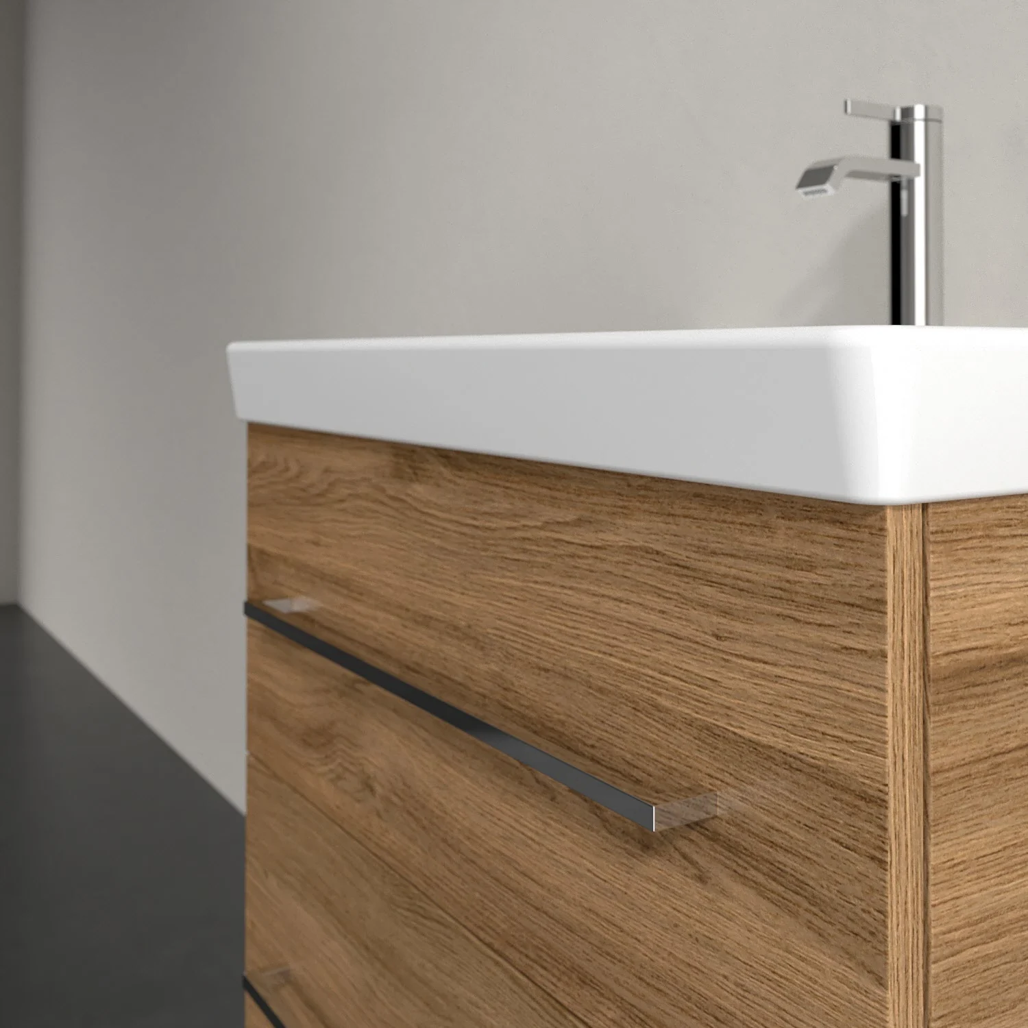 Ciemnodrewniana szafka pod umywalkę z umywalką w zbliżeniu, Villeroy & Boch