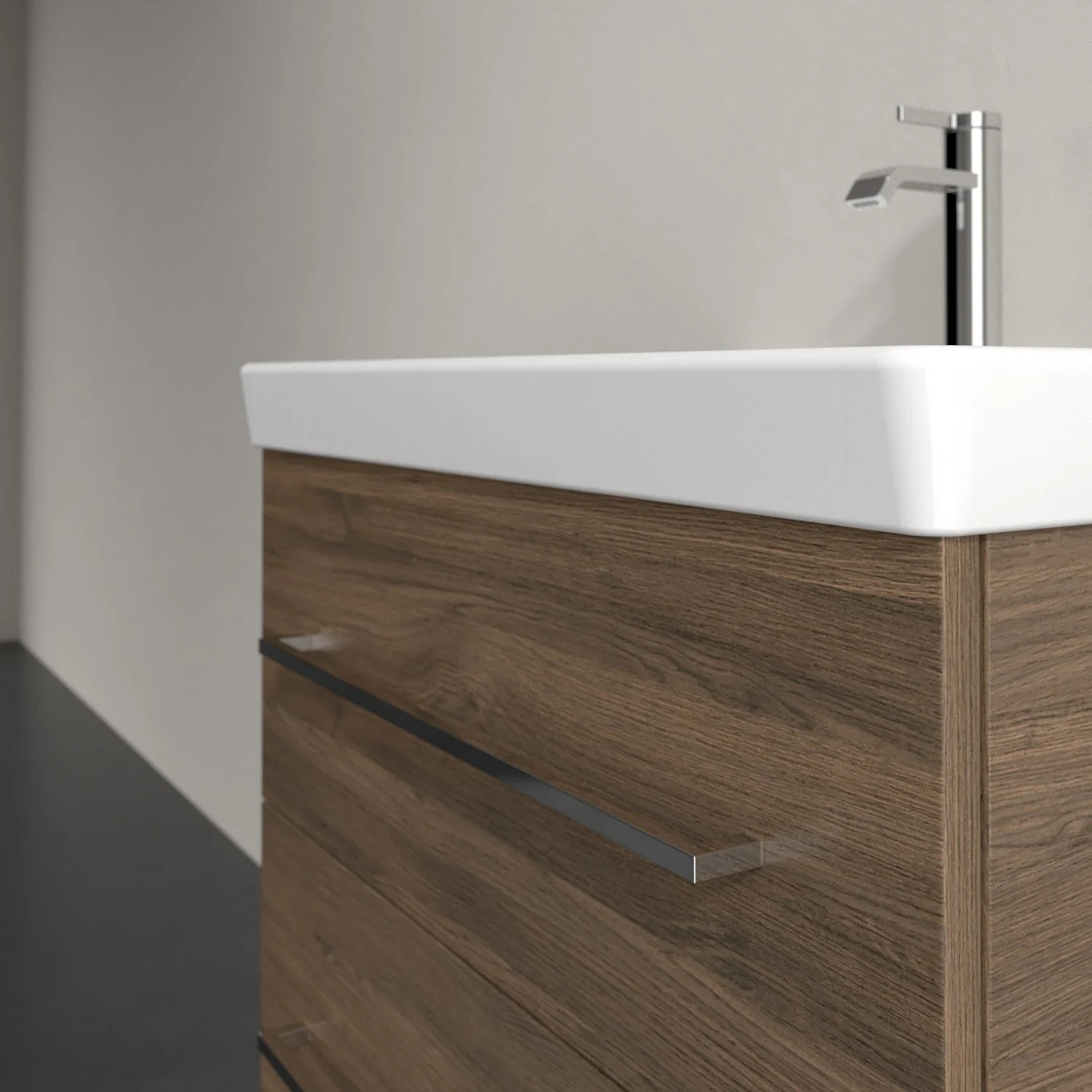 Średniodrewniana szafka pod umywalkę z umywalką w zbliżeniu, Villeroy & Boch