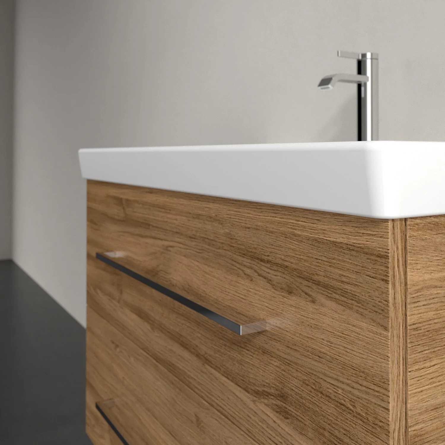 Ciemnodrewniana szafka pod umywalkę z baterią zbliżenie, Villeroy & Boch
