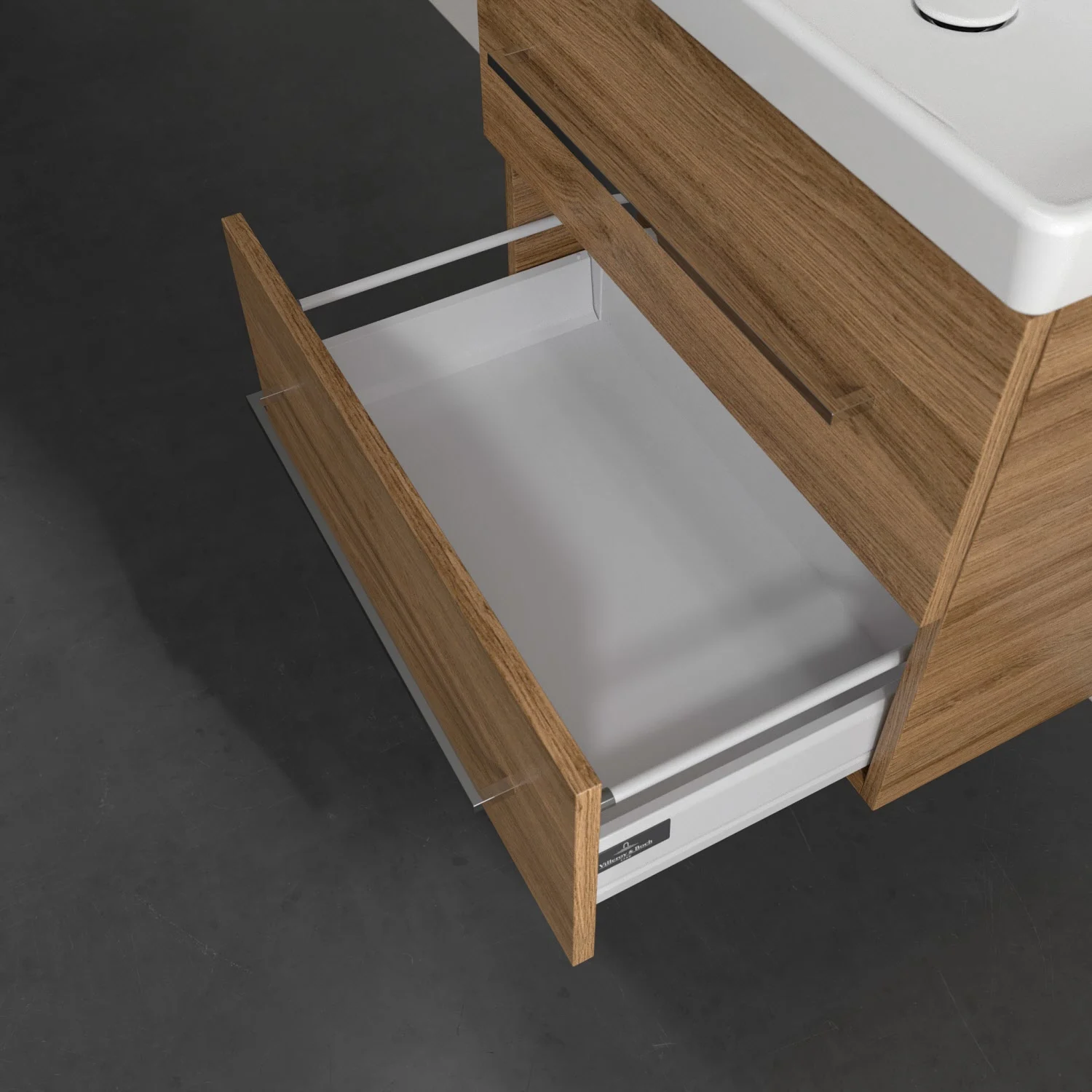 Szafka pod umywalkę w drewnianym wyglądzie z otwartą szufladą, Villeroy & Boch