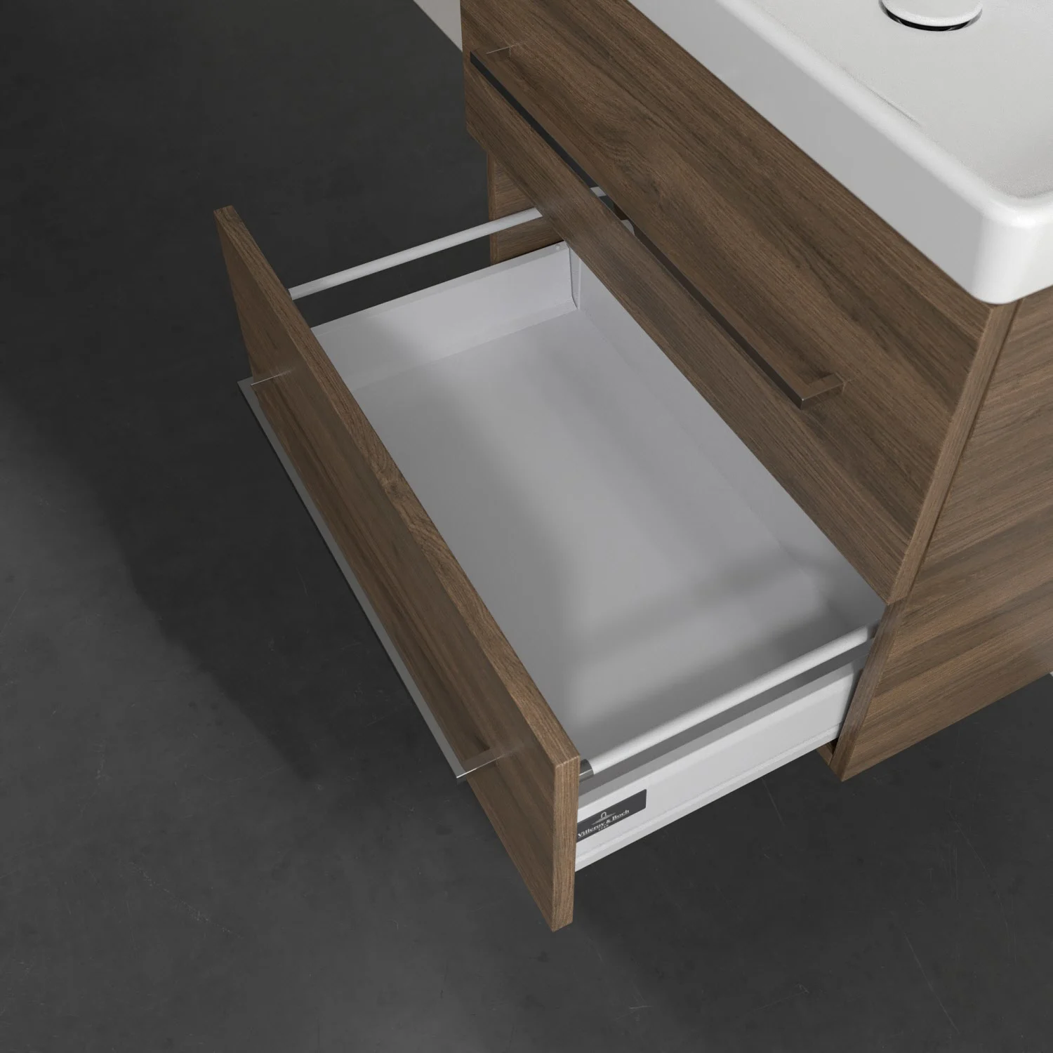 Szafka pod umywalkę w drewnianym wyglądzie z otwartą szufladą, Villeroy & Boch