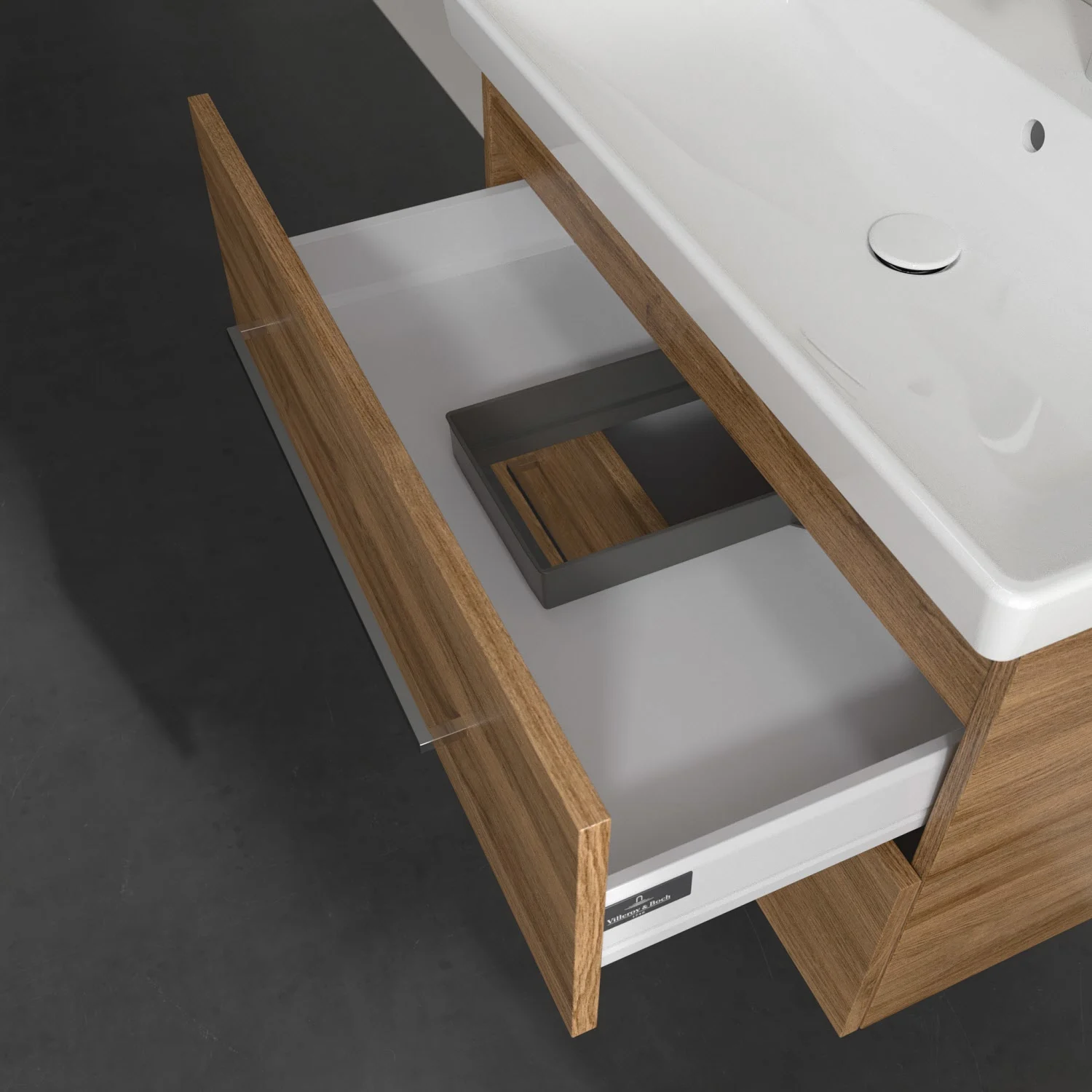Szafka pod umywalkę w ciemnym drewnianym wyglądzie z góry, Villeroy & Boch