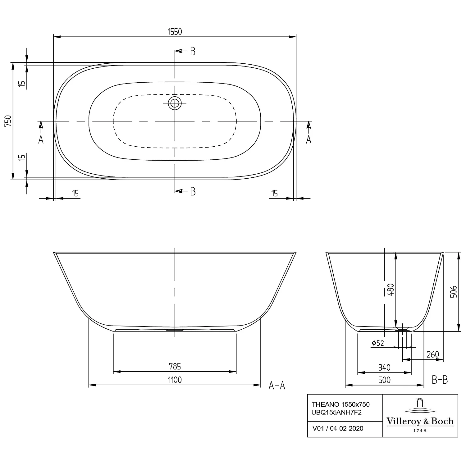 Rysunek techniczny wolnostojącej wanny, Villeroy & Boch