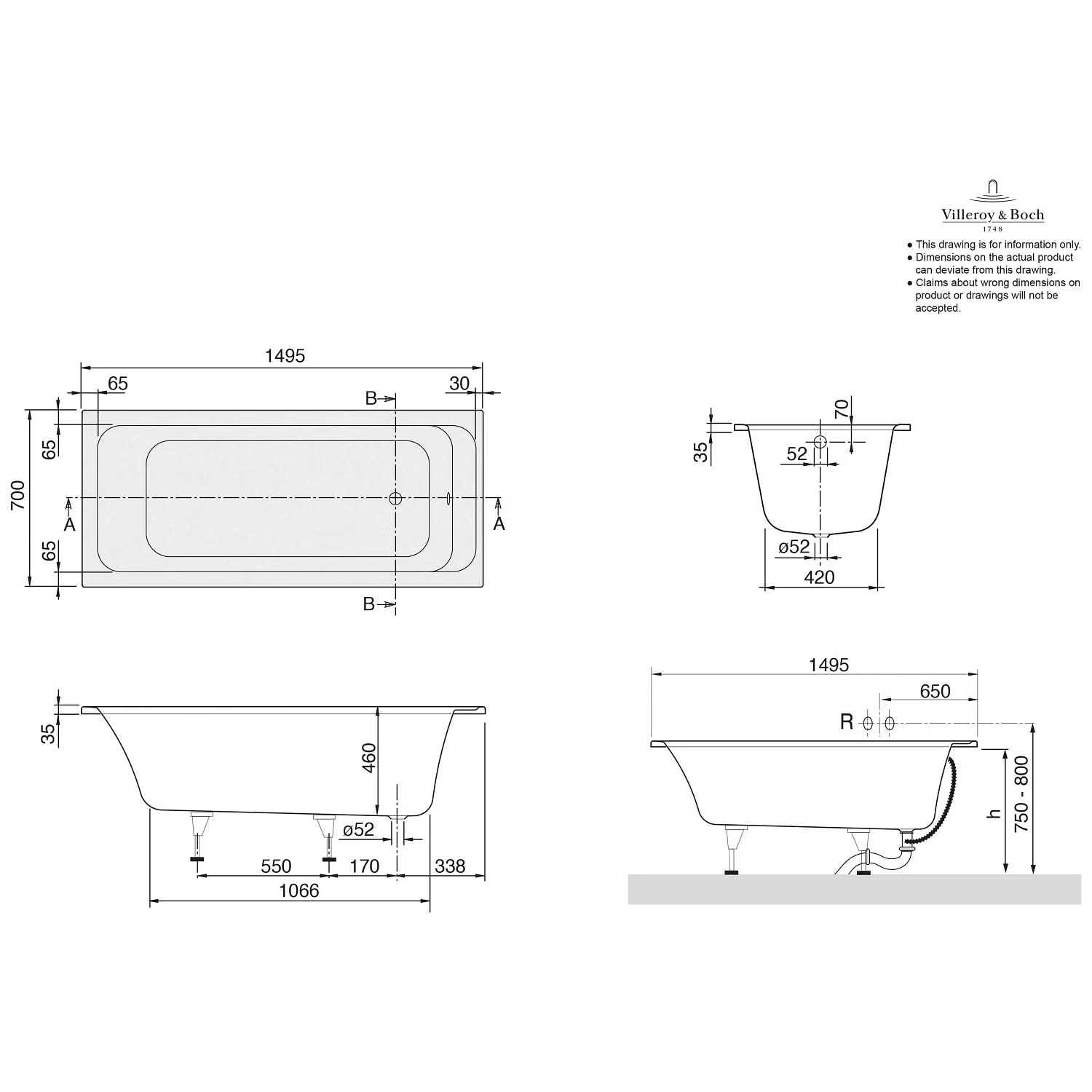 Villeroy & Boch Architectura Solo Badewanne 150 x 70 cm Bild 3
