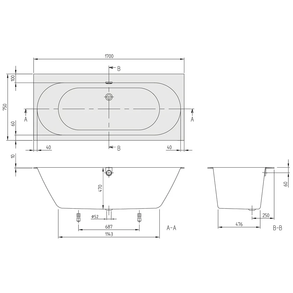 Rysunek techniczny wanny, Villeroy & Boch
