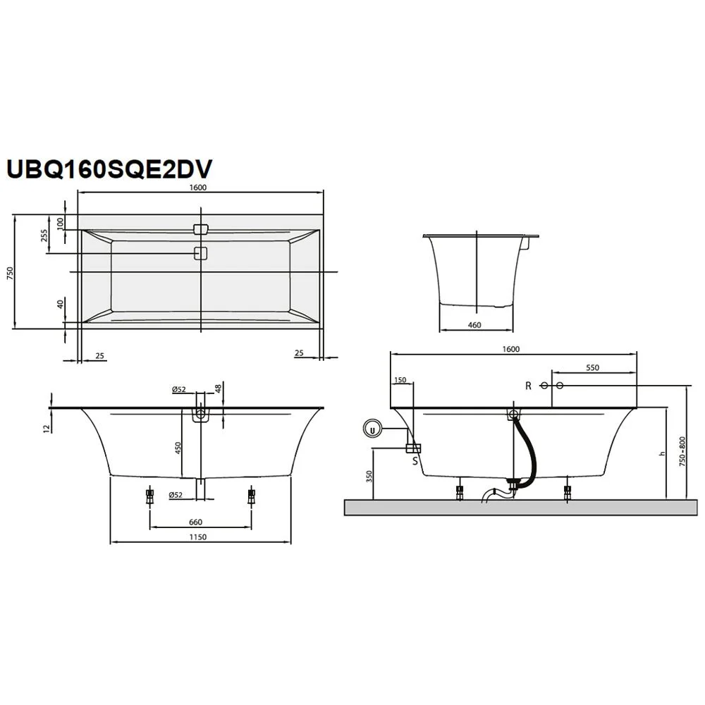 Rysunek techniczny prostokątnej wanny, Villeroy & Boch