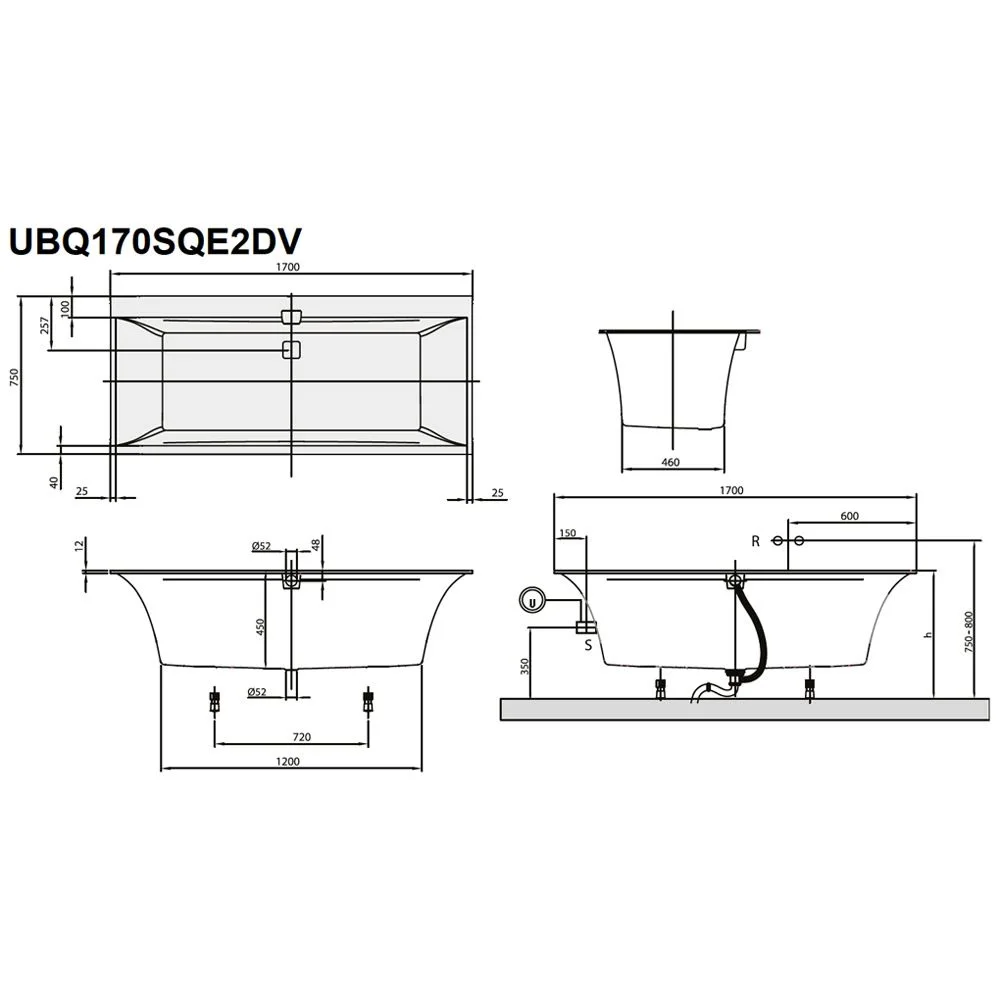 Rysunek techniczny prostokątnej wanny, Villeroy & Boch