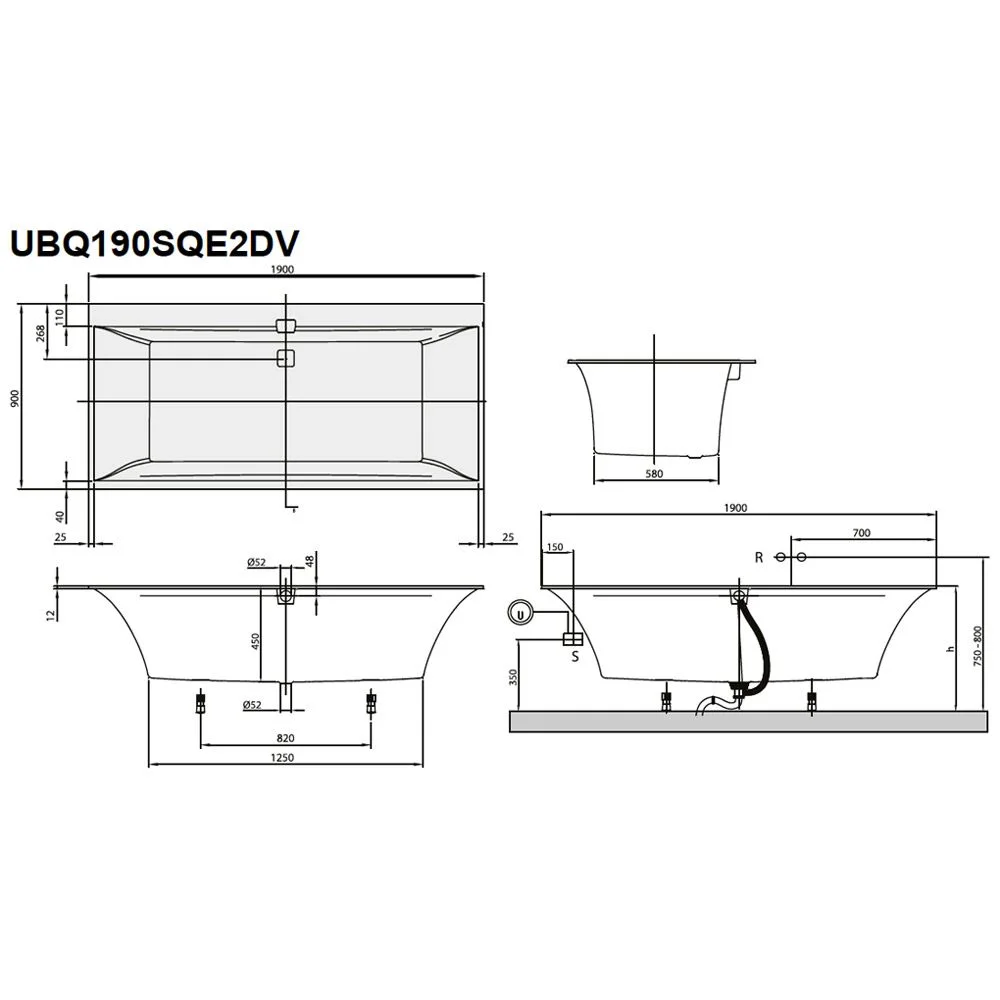 Rysunek techniczny prostokątnej wanny, Villeroy & Boch