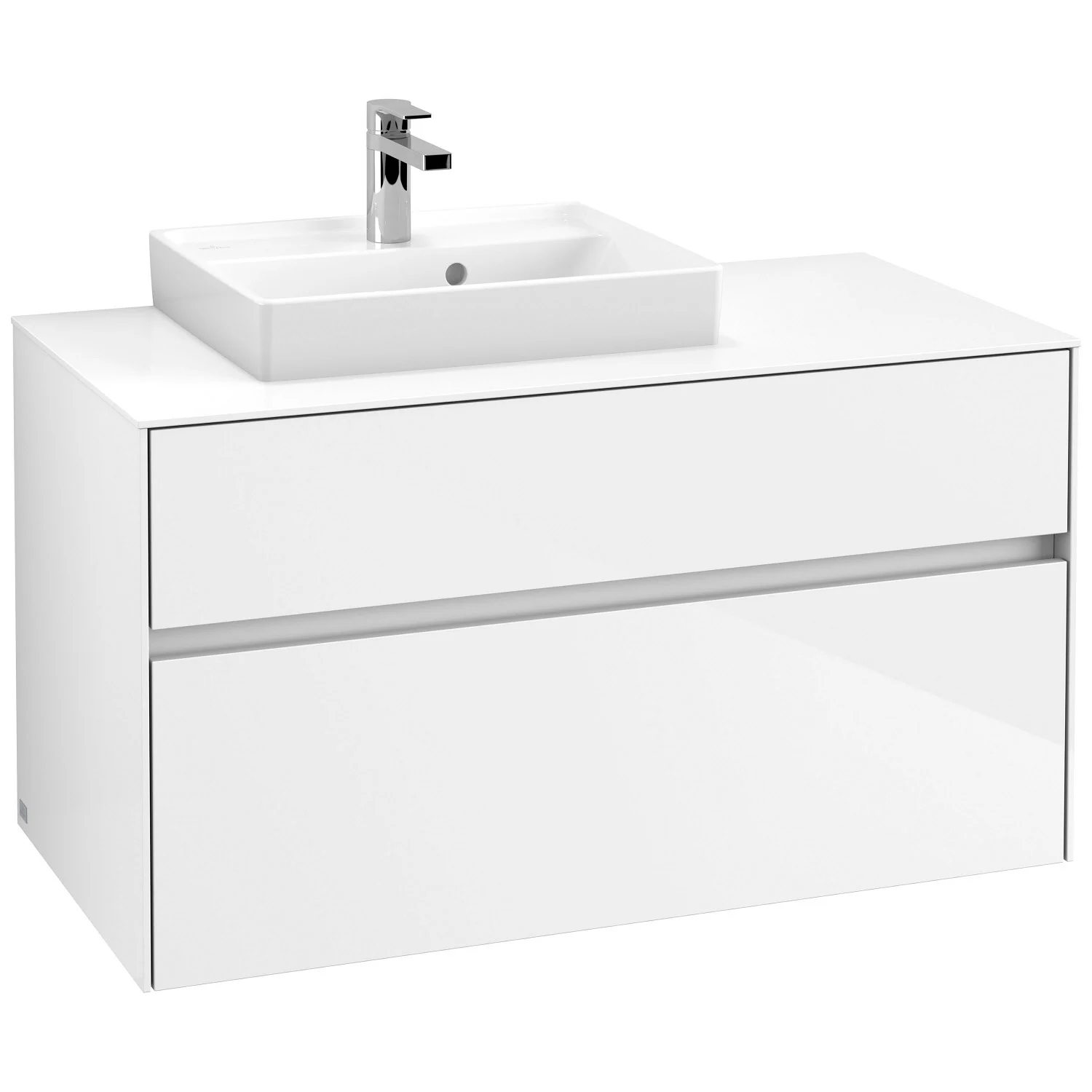 Widok z przodu białej szafki z pojedynczą umywalką, Villeroy & Boch