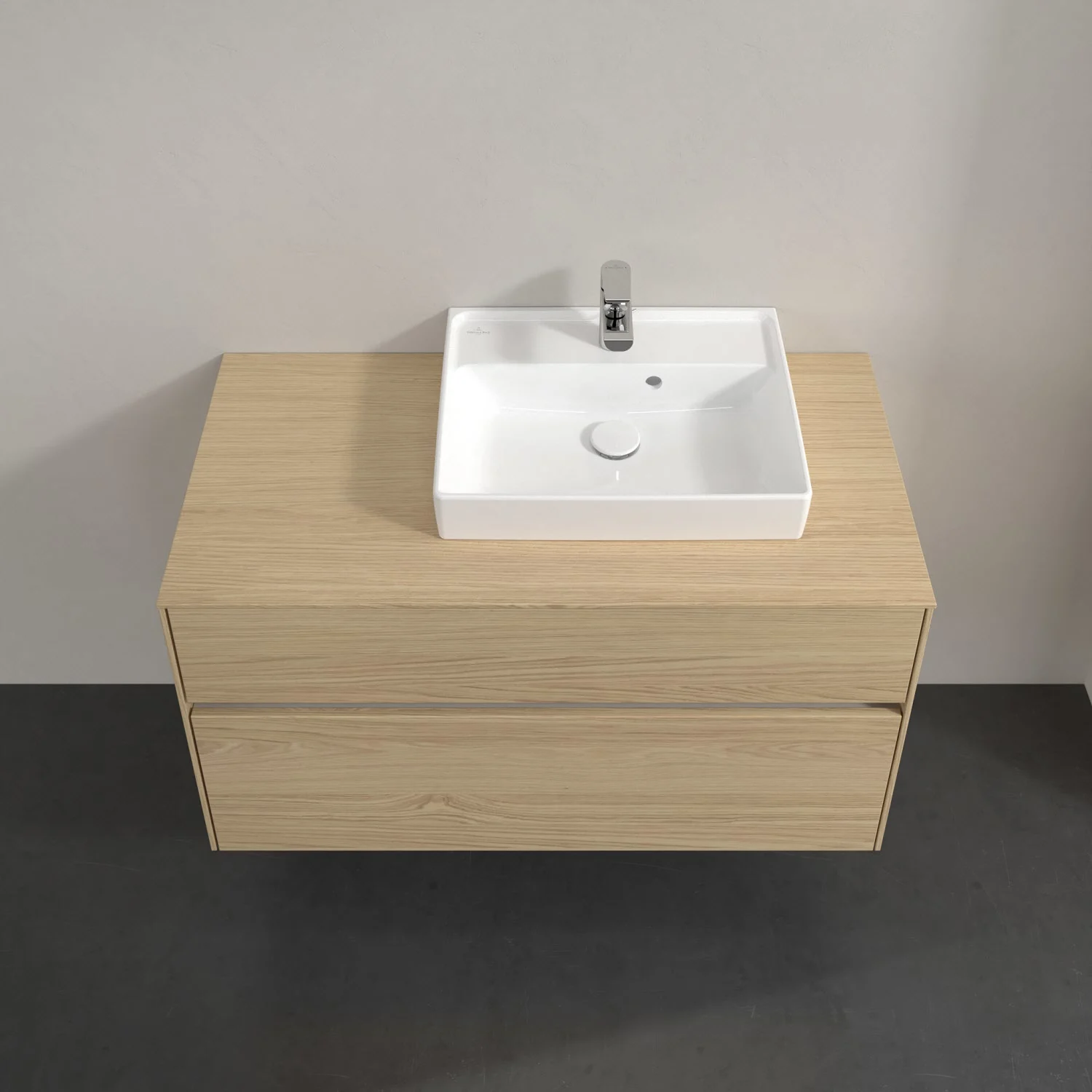 Jasnodrewniana szafka z umywalką, widok z góry, Villeroy & Boch