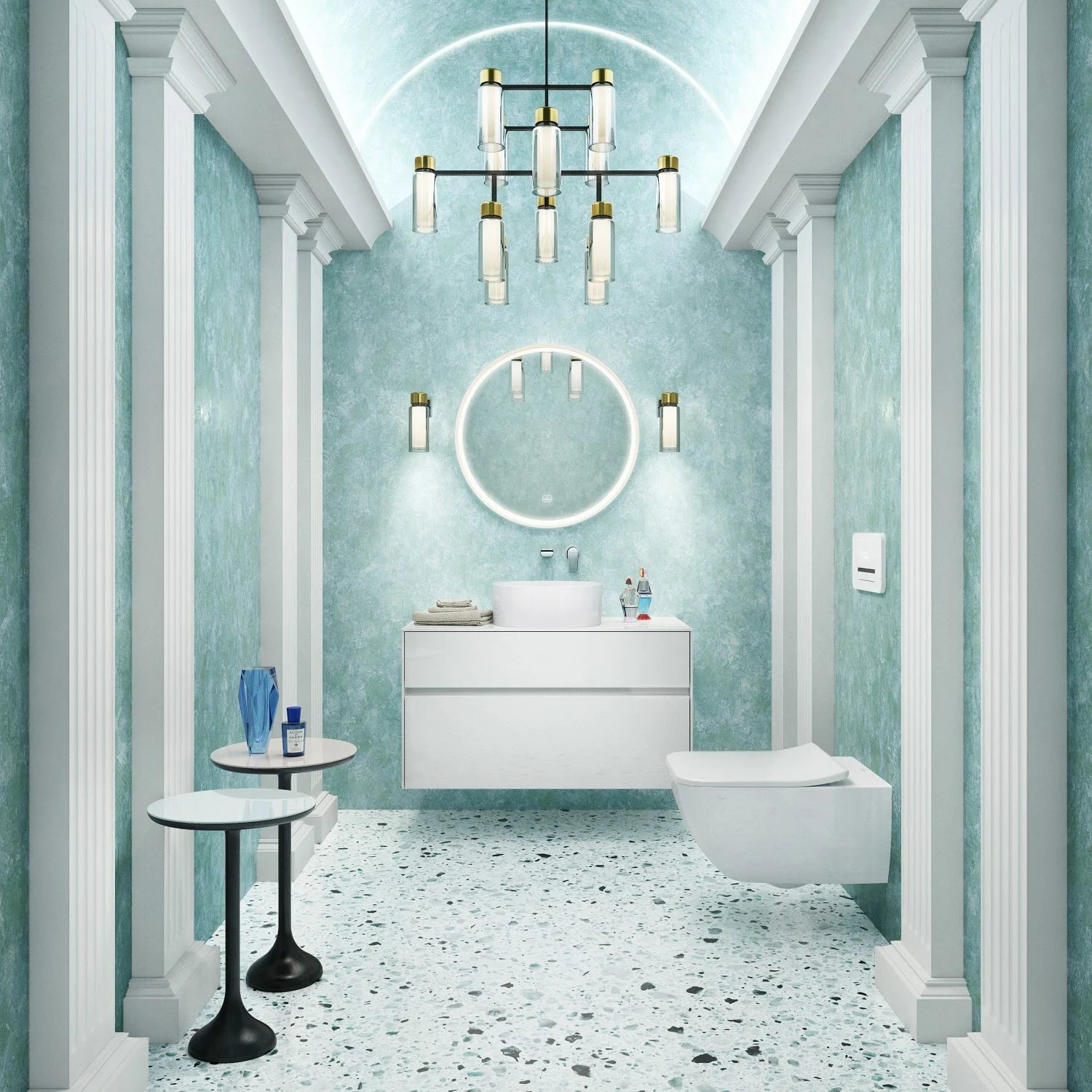 Elegancka łazienka z niebieskimi ścianami i umywalką, Villeroy & Boch