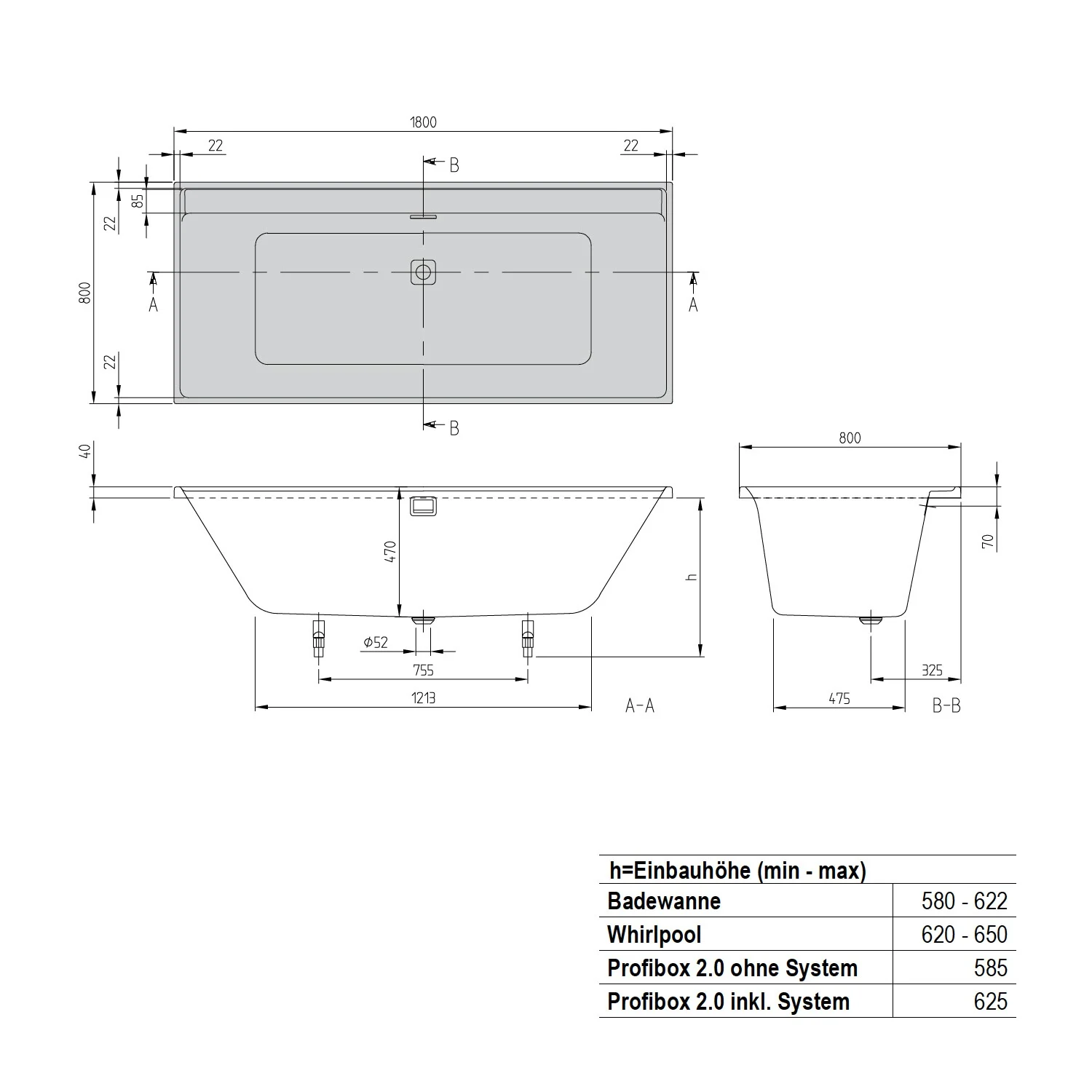 Rysunek techniczny wanny z wymiarami, Villeroy & Boch