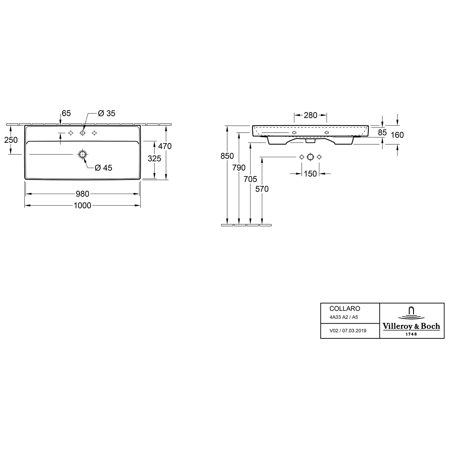 Villeroy & Boch Collaro Schrankwaschtisch 100 cm ohne Überlauf, 1 Hahnloch Bild 4