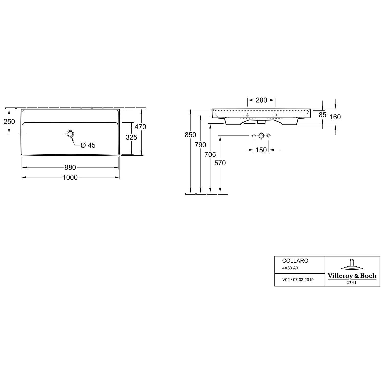 Villeroy & Boch Collaro Schrankwaschtisch 100 cm ohne Überlauf, ohne Hahnloch Bild 5