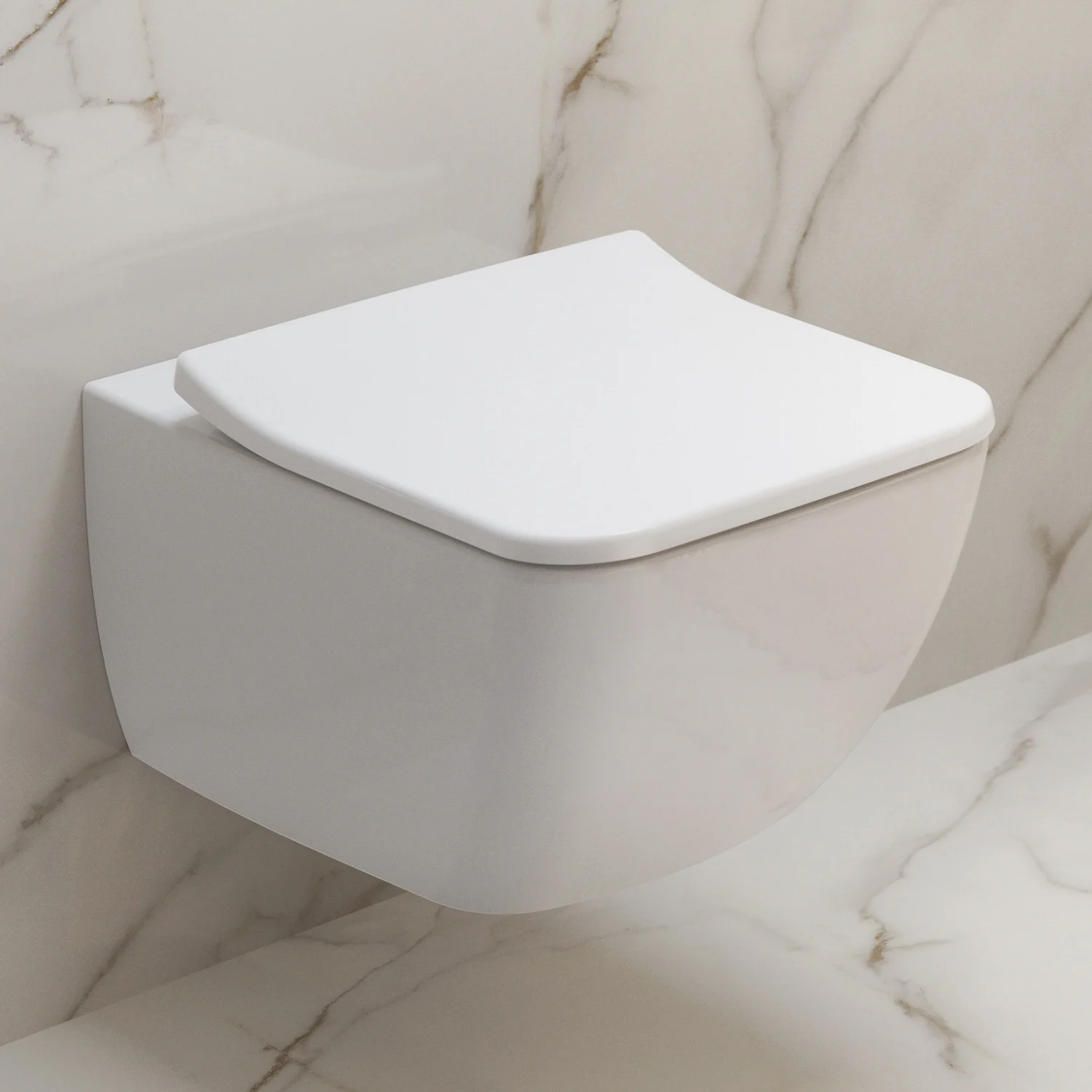Biała toaleta ścienna na tle marmurowej ściany, Villeroy & Boch