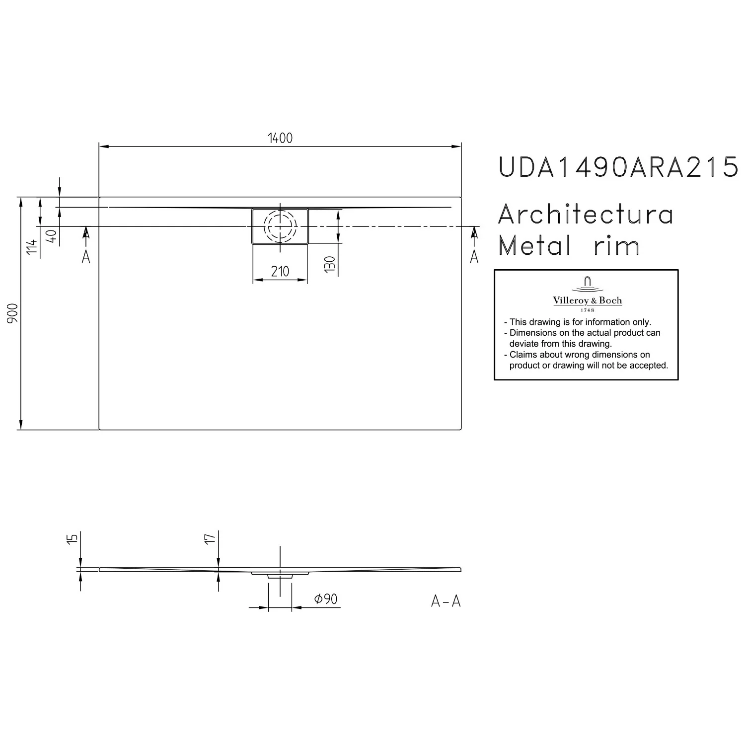 Villeroy & Boch Architectura Metalrim Duschwanne 140 x 90 x 1,5 cm Bild 5