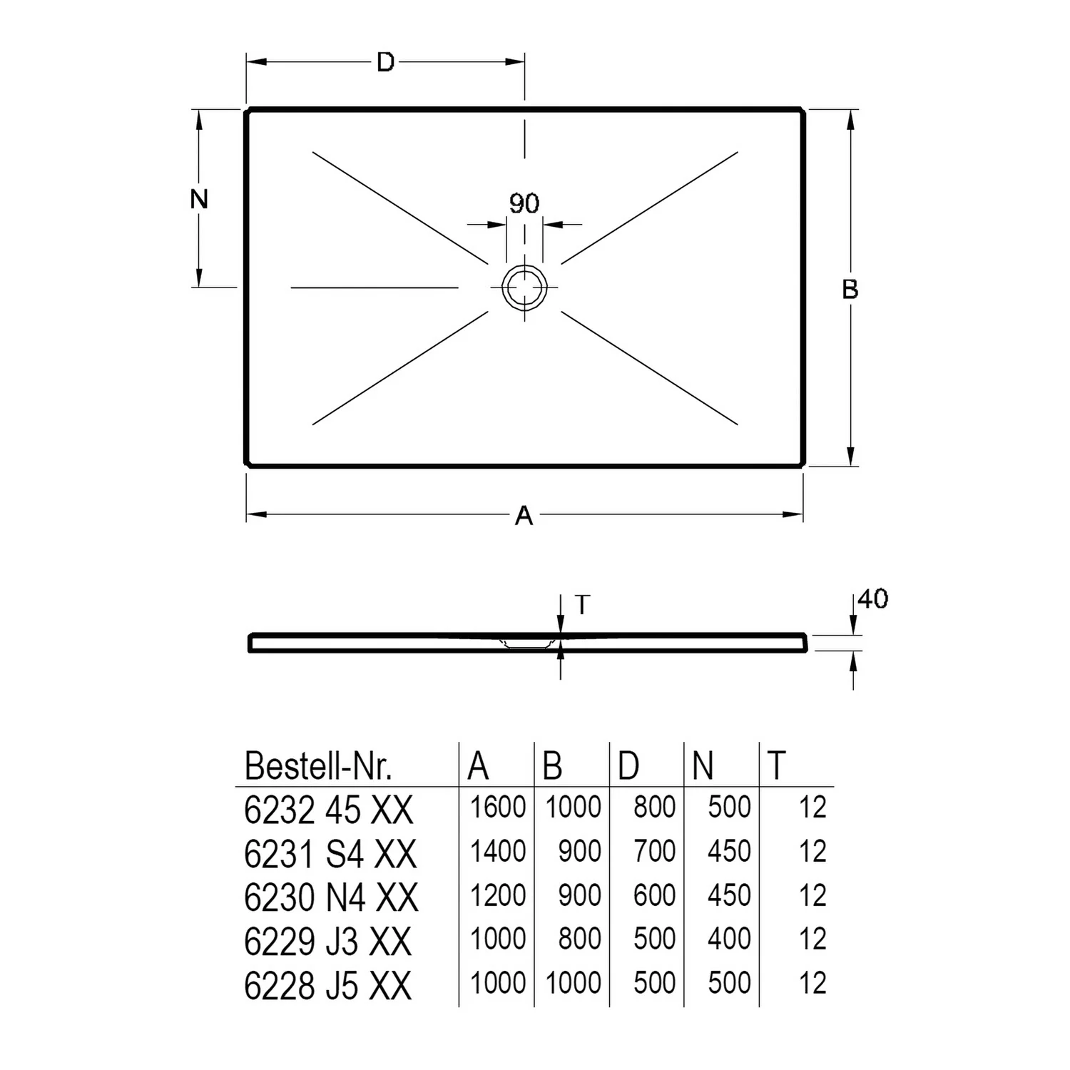 Rysunek techniczny prostokątnej brodzika prysznicowego, Villeroy & Boch