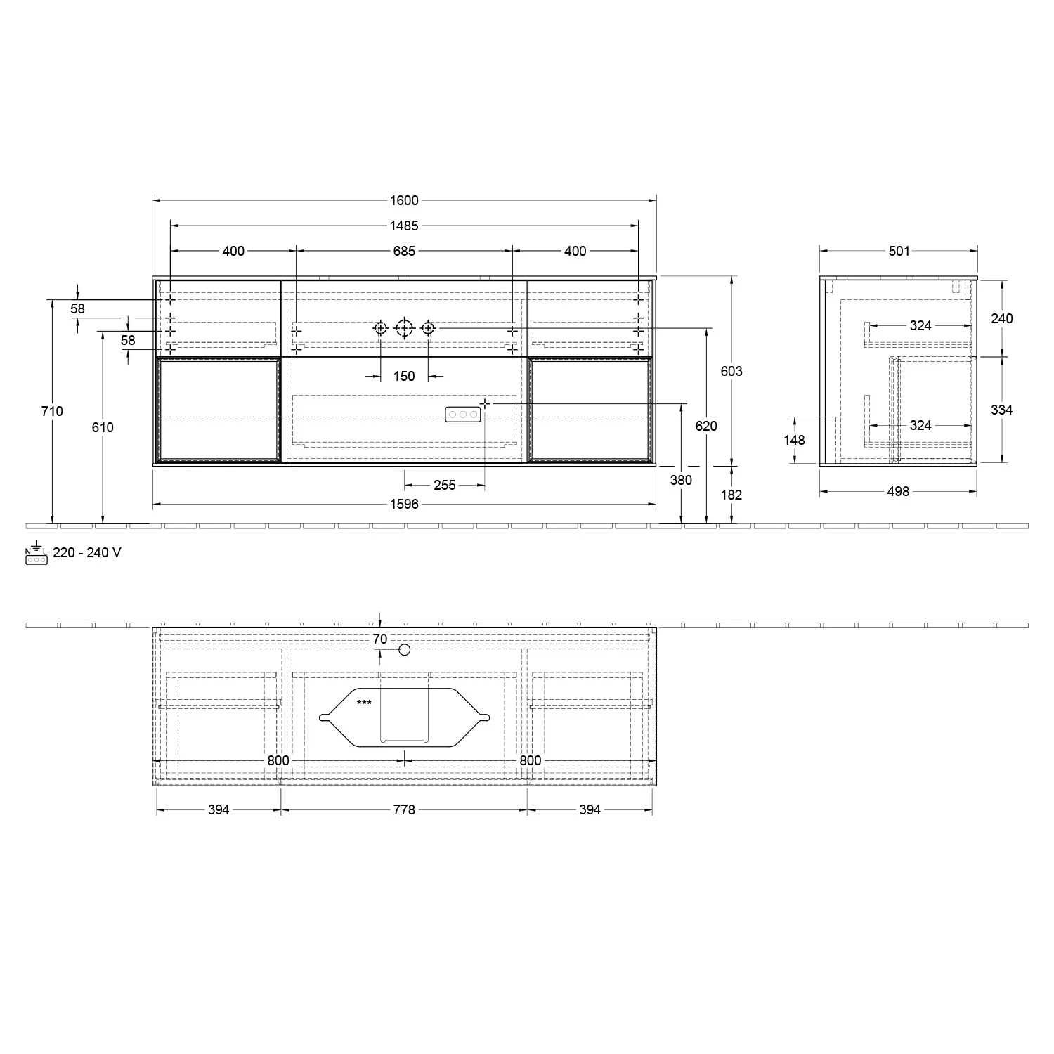Rysunek techniczny szafki pod umywalkę, Villeroy & Boch