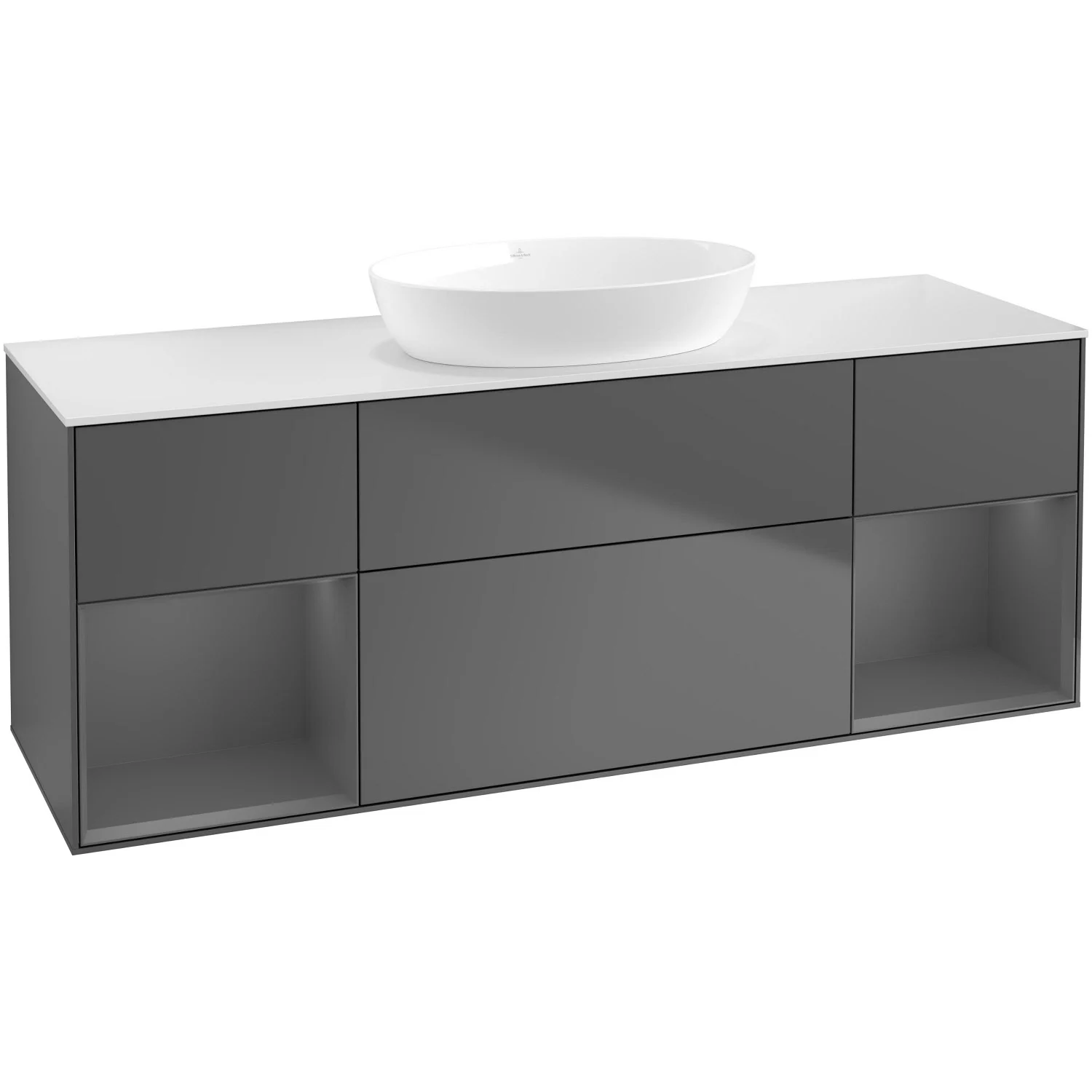 Ciemnoszara szafka pod umywalkę widok z przodu z umywalką, Villeroy & Boch