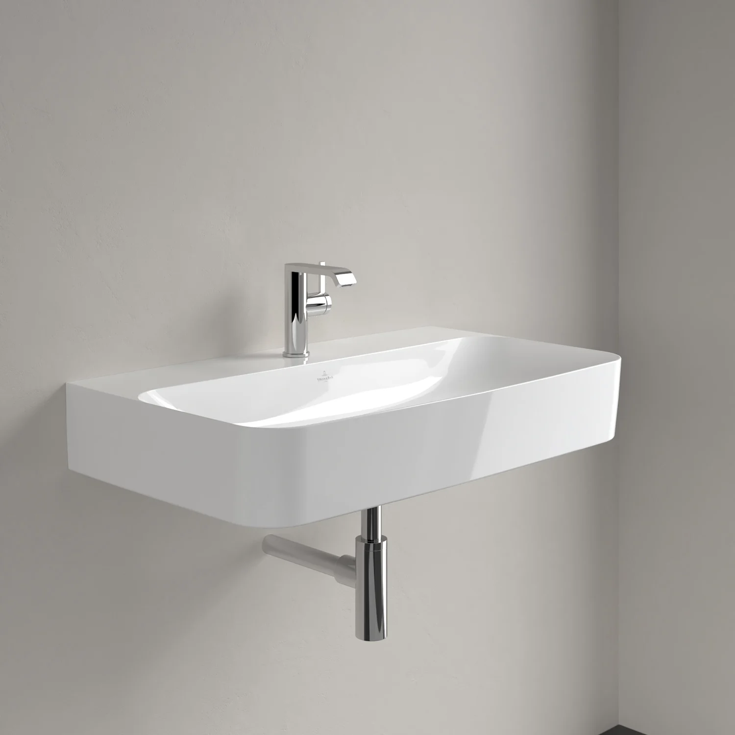 Biała umywalka z baterią w zbliżeniu, Villeroy & Boch
