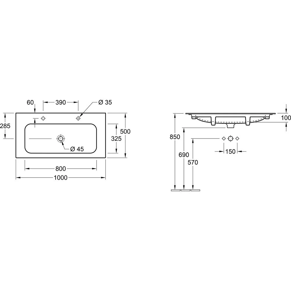 Villeroy & Boch Finion Schrankwaschtisch 100 cm mit 2 Hahnlöcher, ohne Überlauf Bild 4
