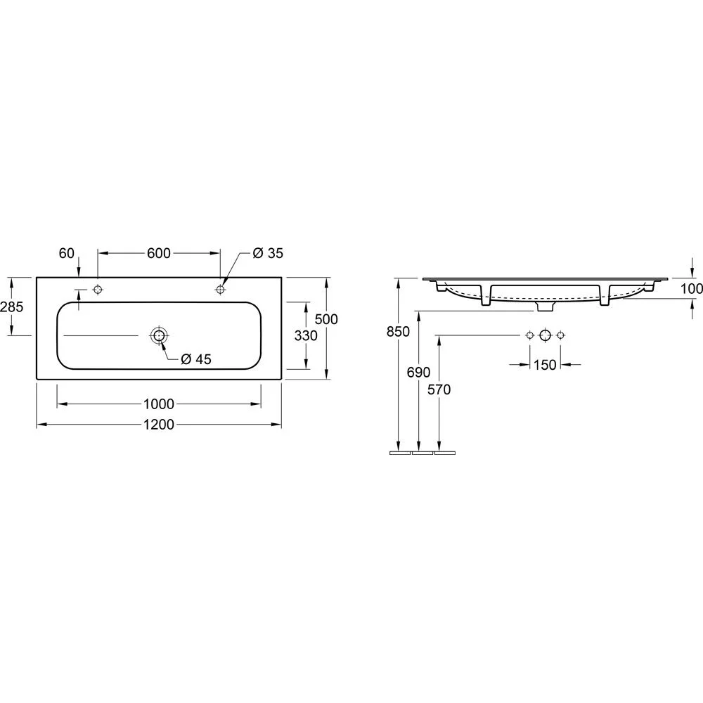 Villeroy & Boch Finion Schrankwaschtisch 120 cm mit 2 Hahnlöcher, ohne Überlauf Bild 4