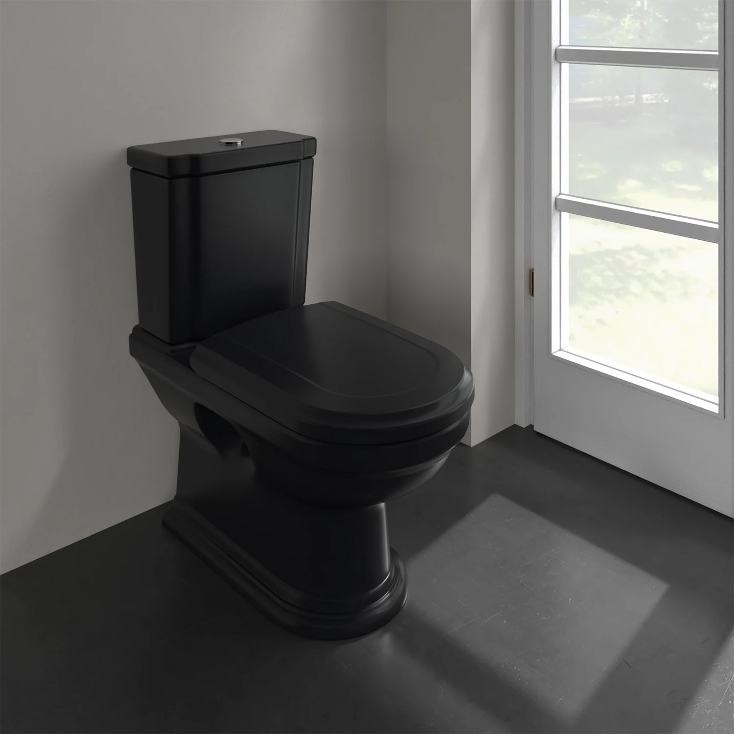 Czarna toaleta obok okna w łazience, Villeroy & Boch
