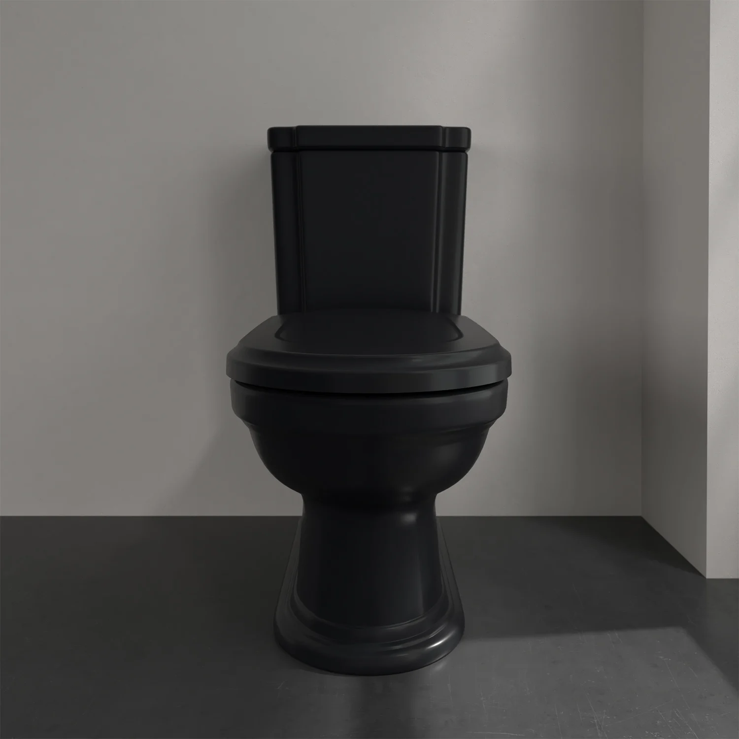 Czarna toaleta ze spłuczką w zbliżeniu, Villeroy & Boch