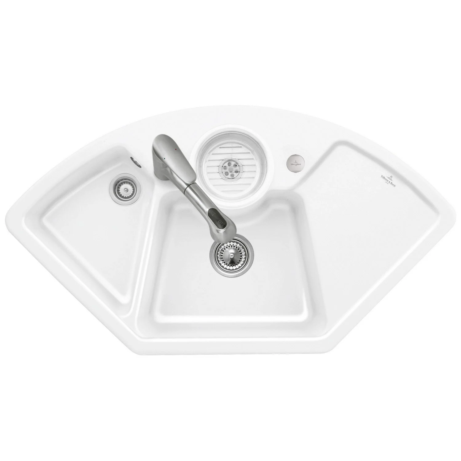 Biały narożny zlew z baterią z widokiem z góry, Villeroy & Boch