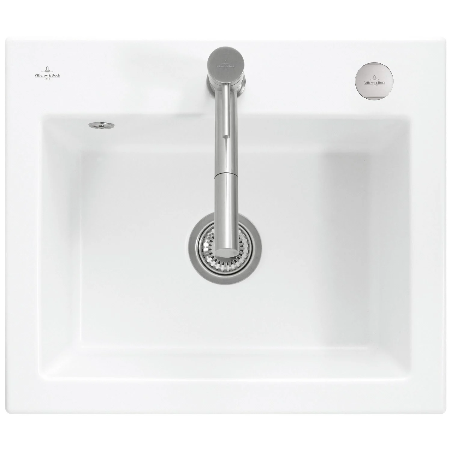 Biały zlew z baterią widok z góry, Villeroy & Boch