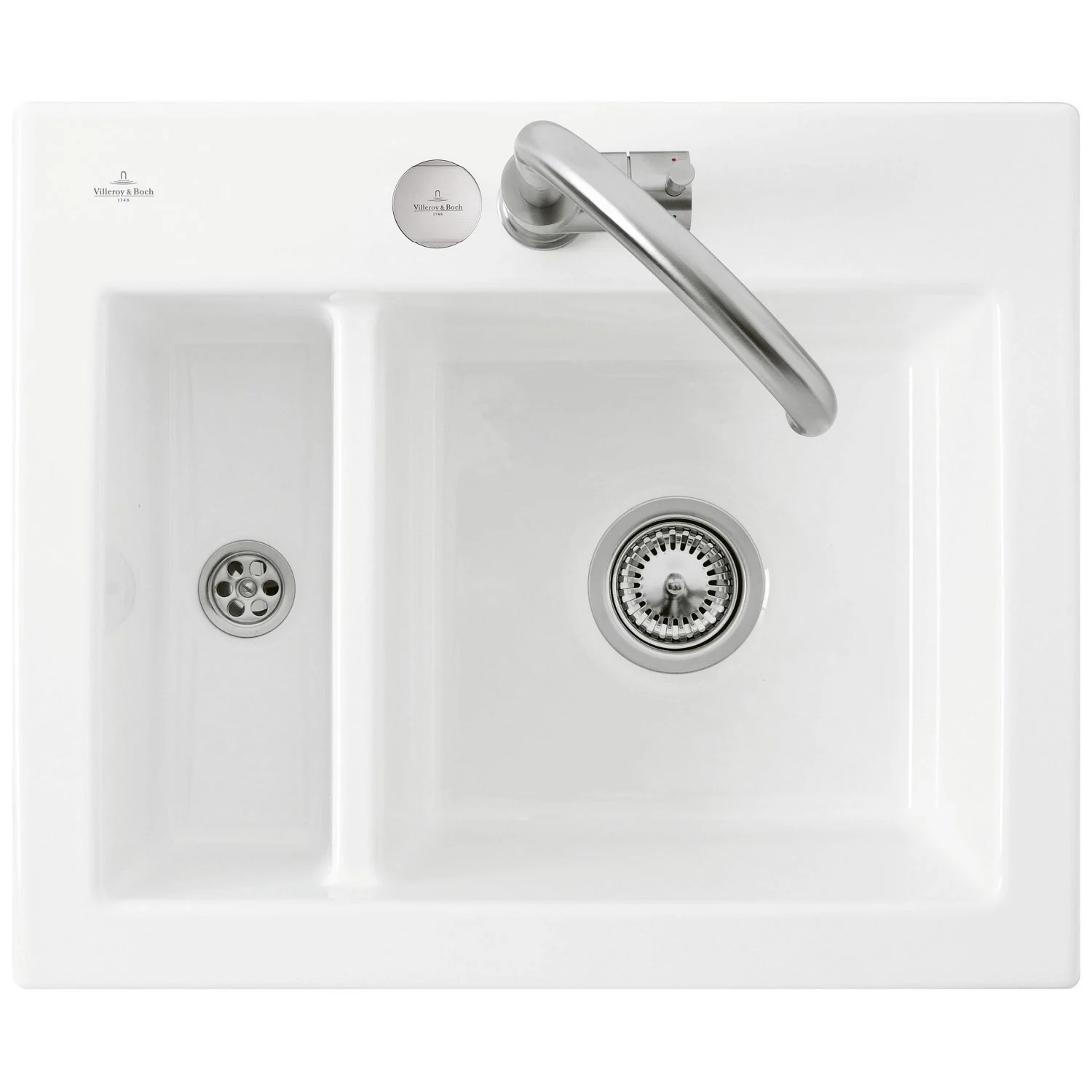 Biały zlew z baterią widok z góry, Villeroy & Boch