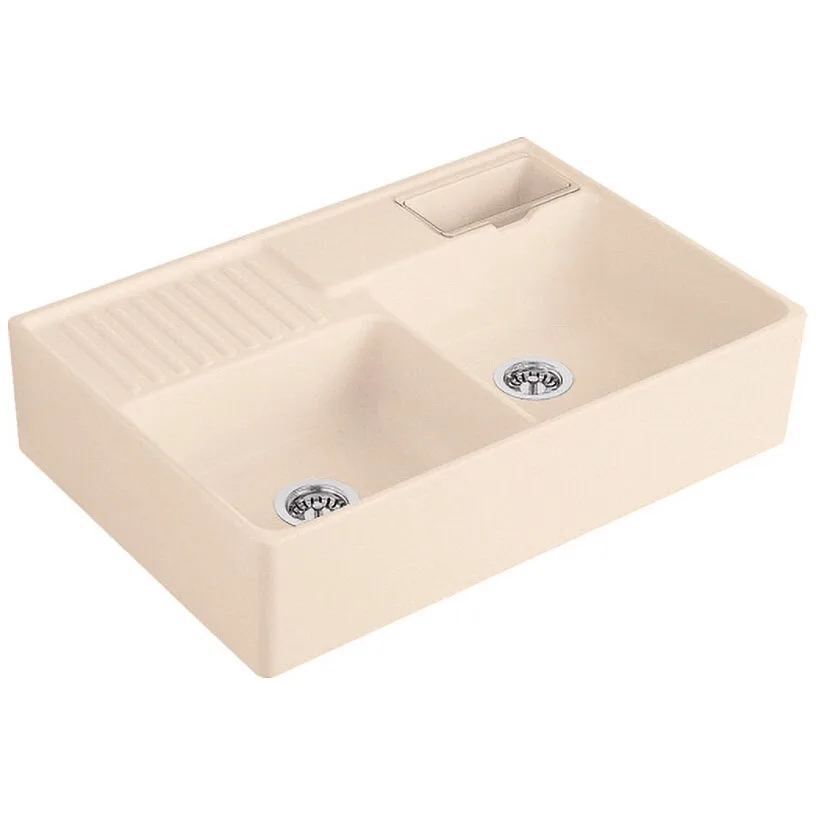 Beżowy zlew ceramiczny z podwójną komorą w widoku z przodu, Villeroy & Boch