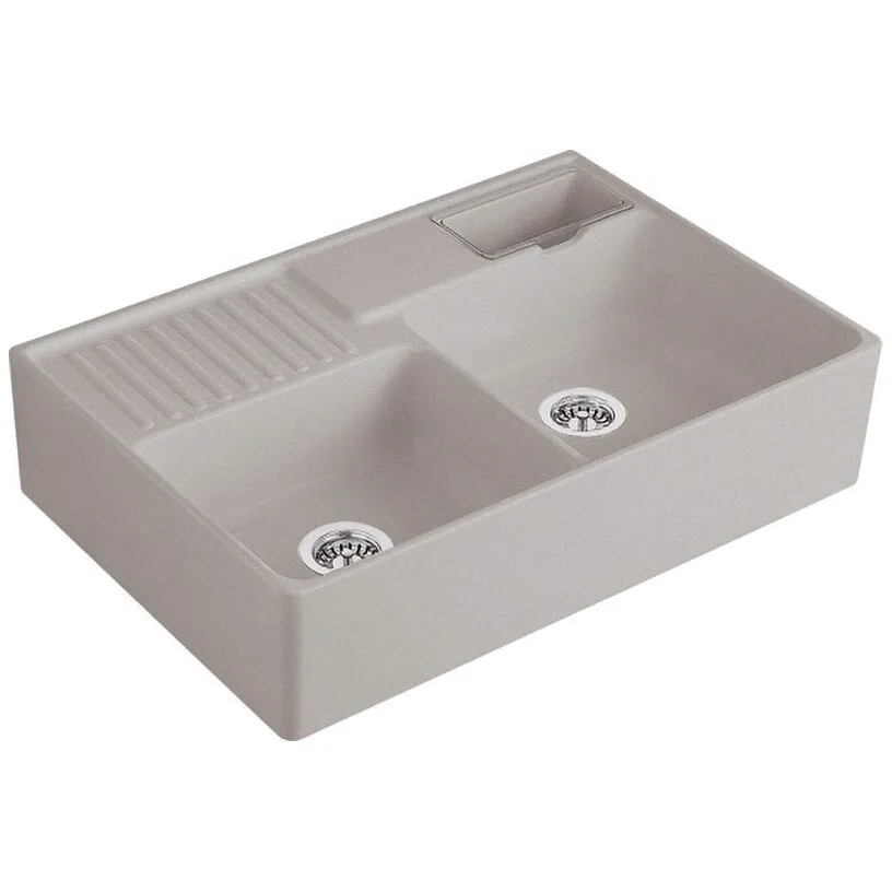 Beżowy ceramiczny zlew dwukomorowy widok z boku, Villeroy & Boch