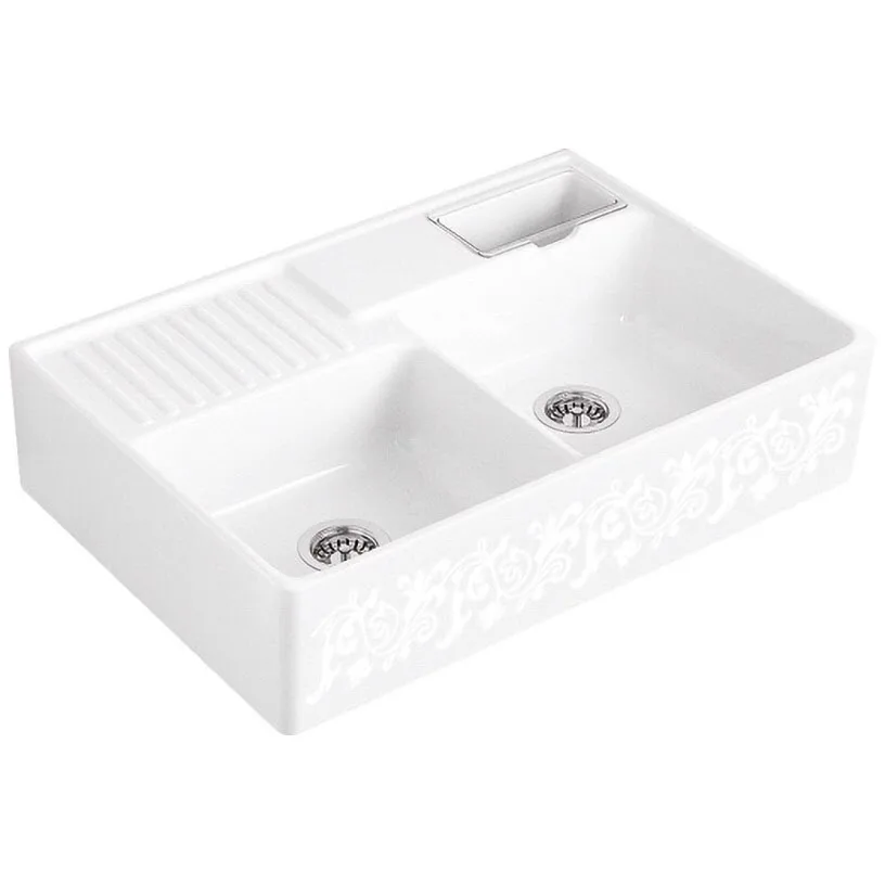 Biały wzorzysty ceramiczny zlew podwójny widok z przodu, Villeroy & Boch